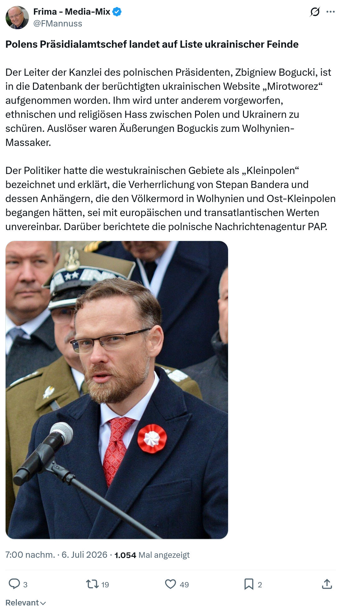 Friedrich Mannus: Polens Präsidialamtschef landet auf Liste ukrainischer Feinde...