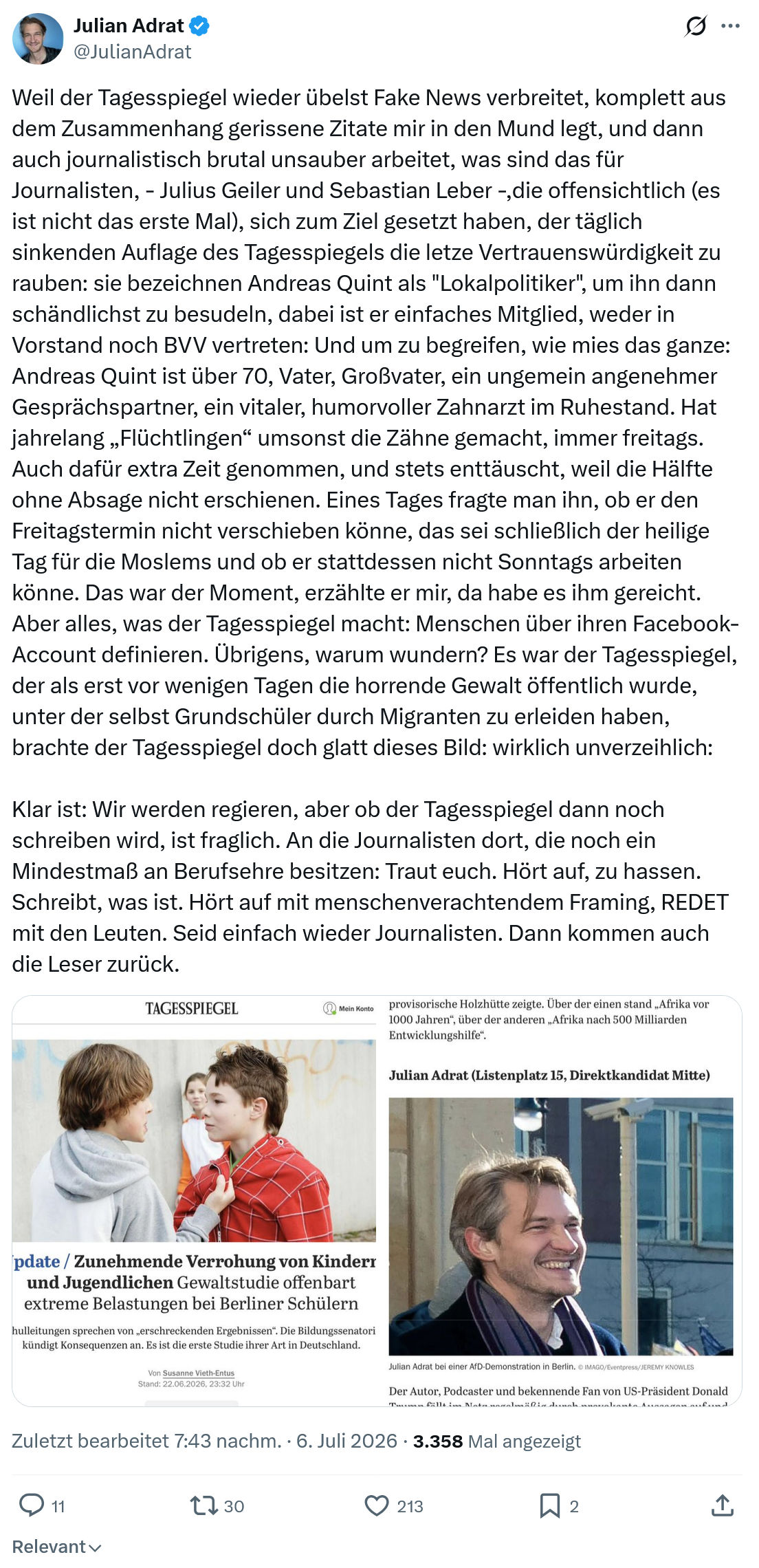 Julian Adrat: Weil der Tagesspiegel wieder übelst Fake News verbreitet...
