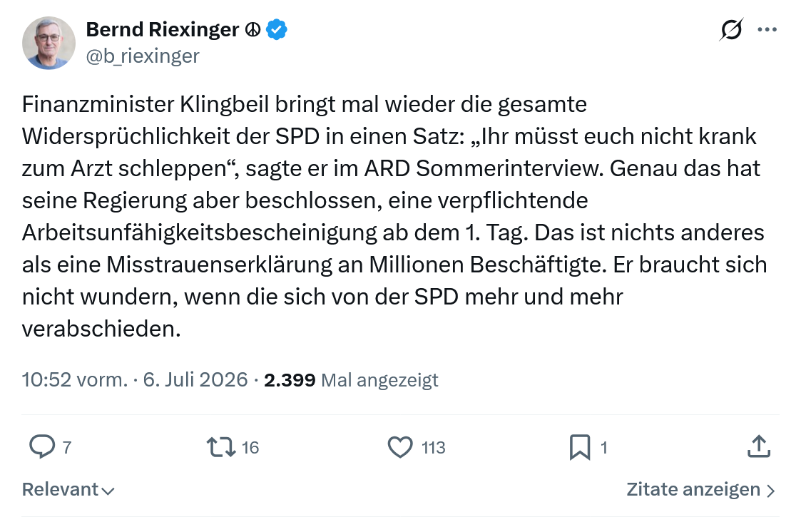 Bernd Riexinger: Finanzminister Klingbeil bringt mal wieder die gesamte Widersprüchlichkeit...