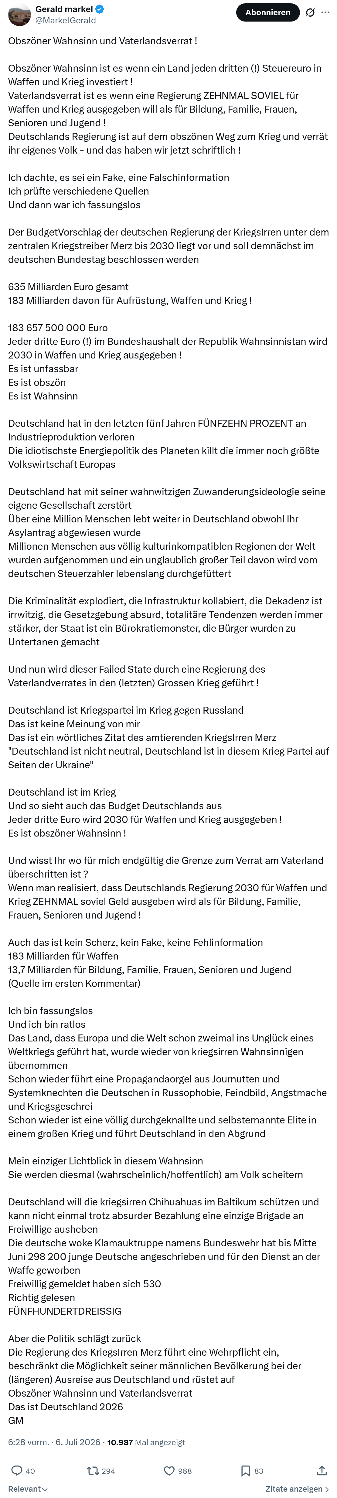 Gerald Markel: Obszöner Wahnsinn und Vaterlandsverrat...