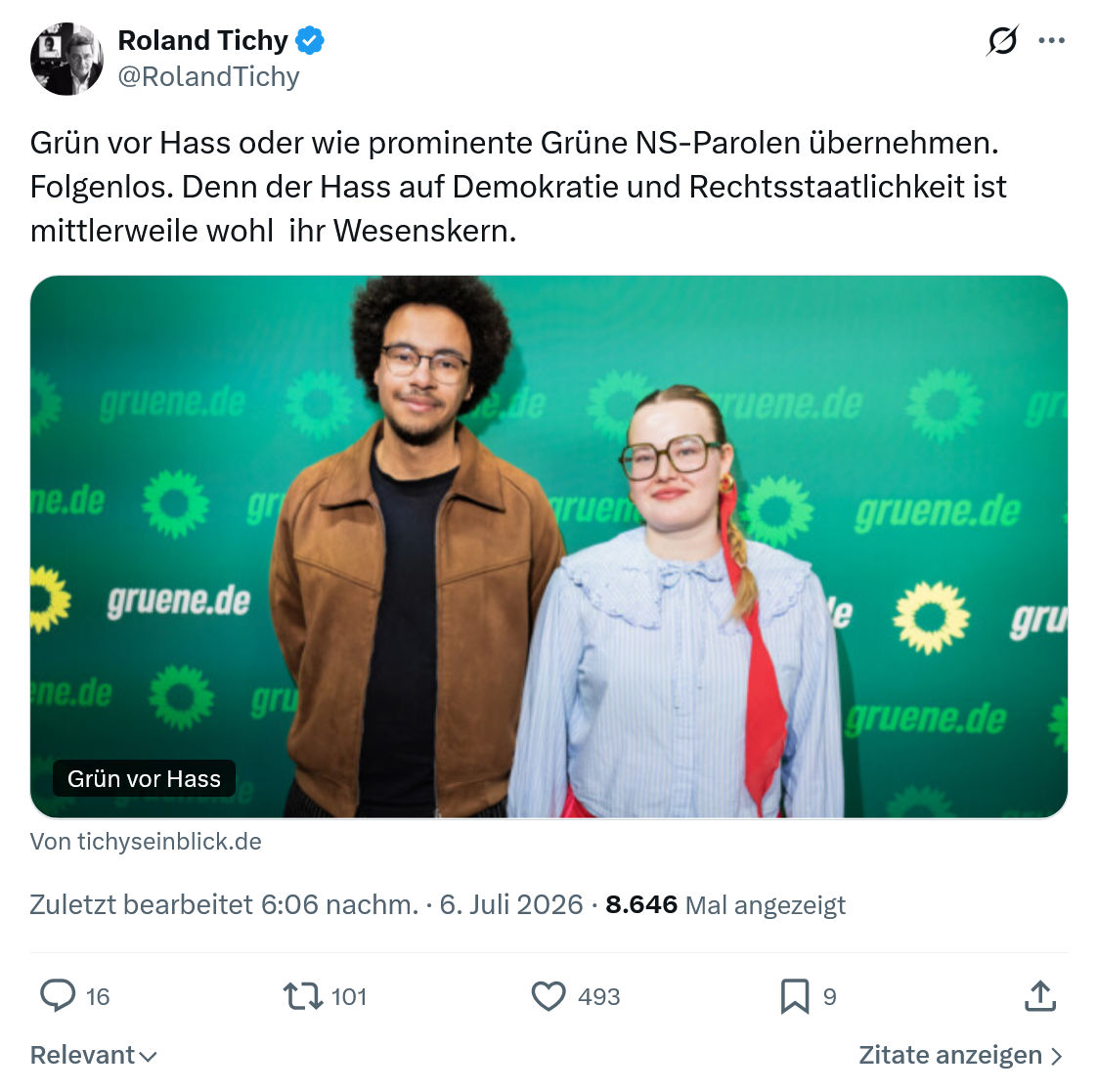 Roland Tichy: Grün vor Hass oder wie prominente Grüne NS-Parolen übernehmen...