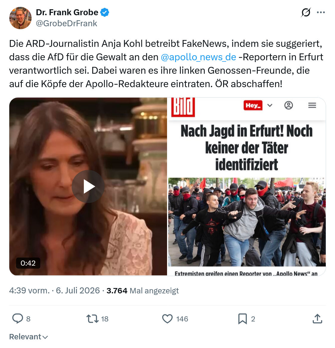 Frank Grobe: Die ARD-Journalistin Anja Kohl betreibt FakeNews...