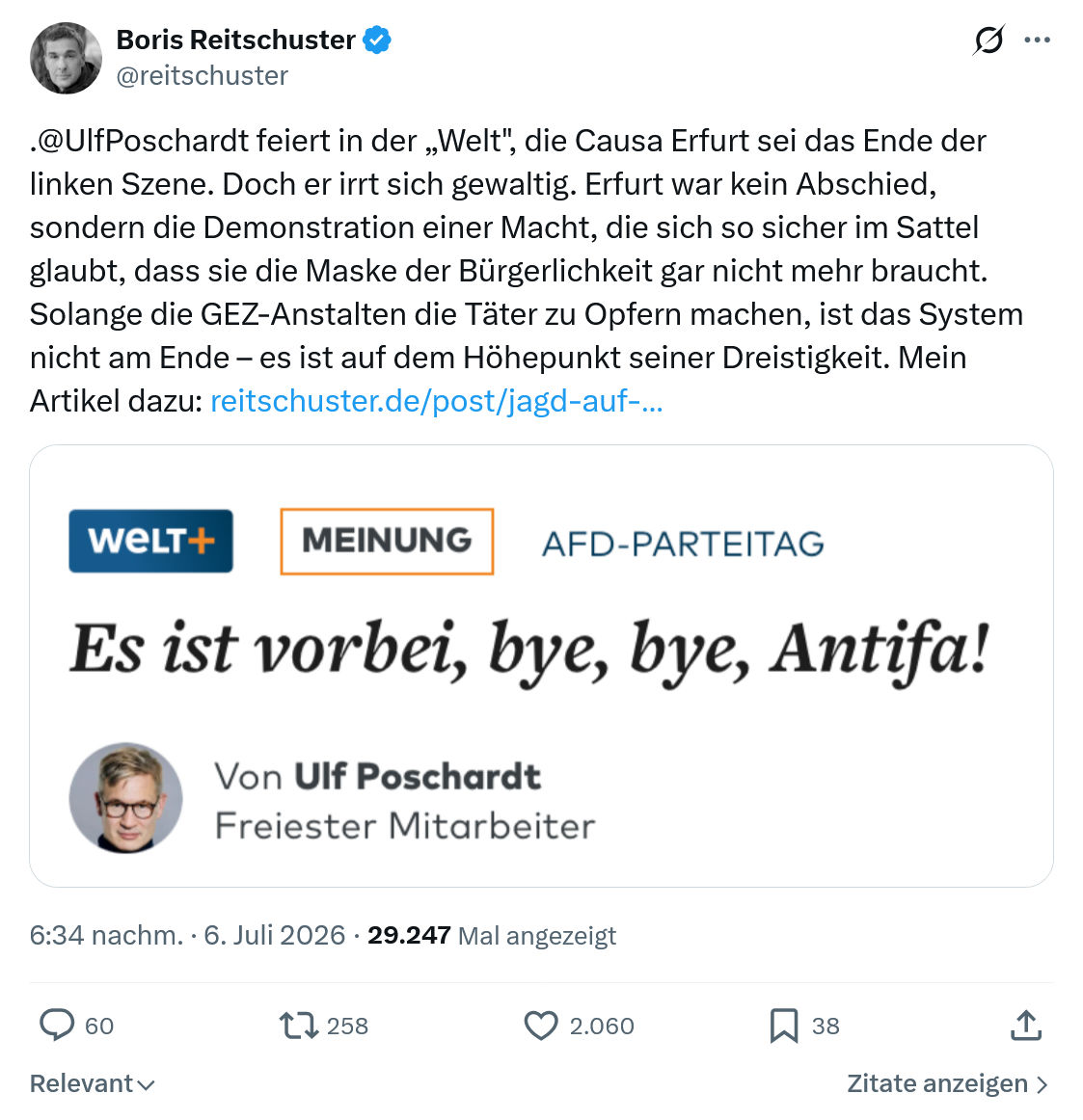 Boris Reitschuster: .@UlfPoschardt feiert in der „Welt"...