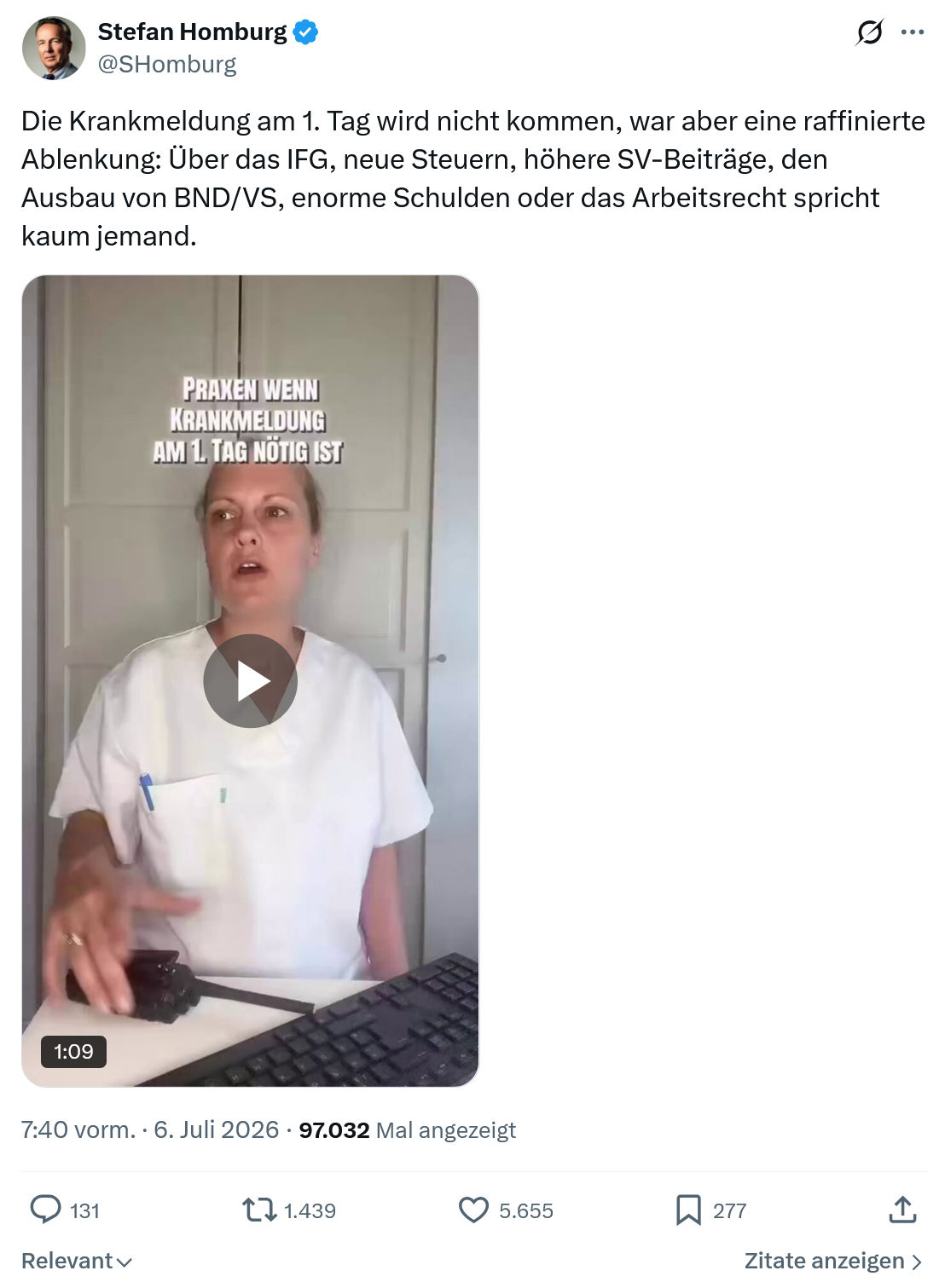 Stefan Homburg: Die Krankmeldung am 1. Tag wird nicht kommen...