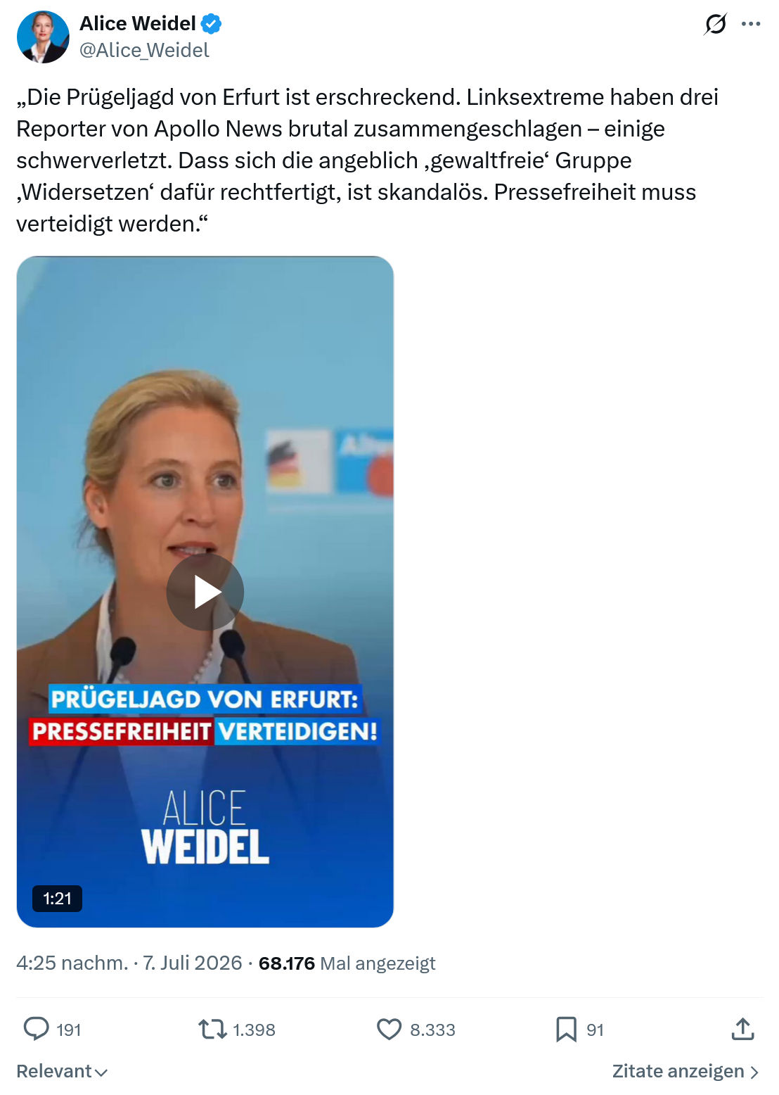Alice Weidel: Die Prügeljagd von Erfurt...