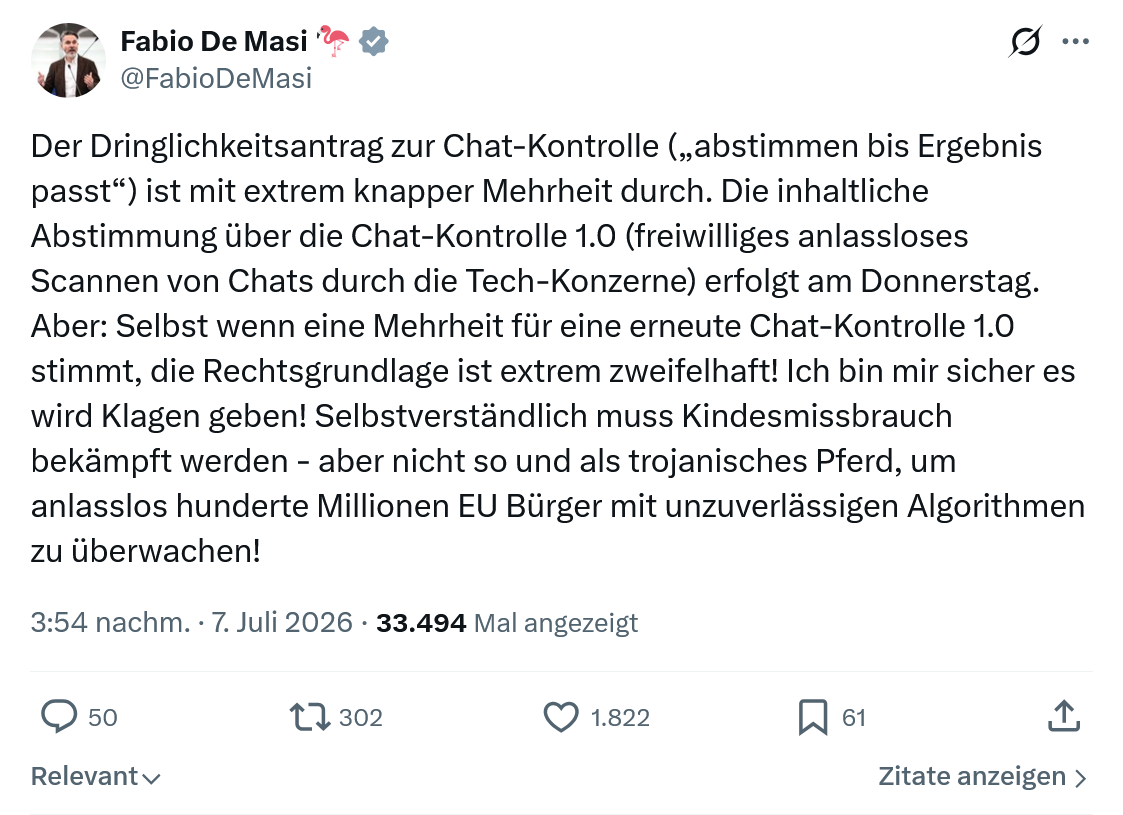 Fabio De Masi: Der Dringlichkeitsantrag zur Chat-Kontrolle...