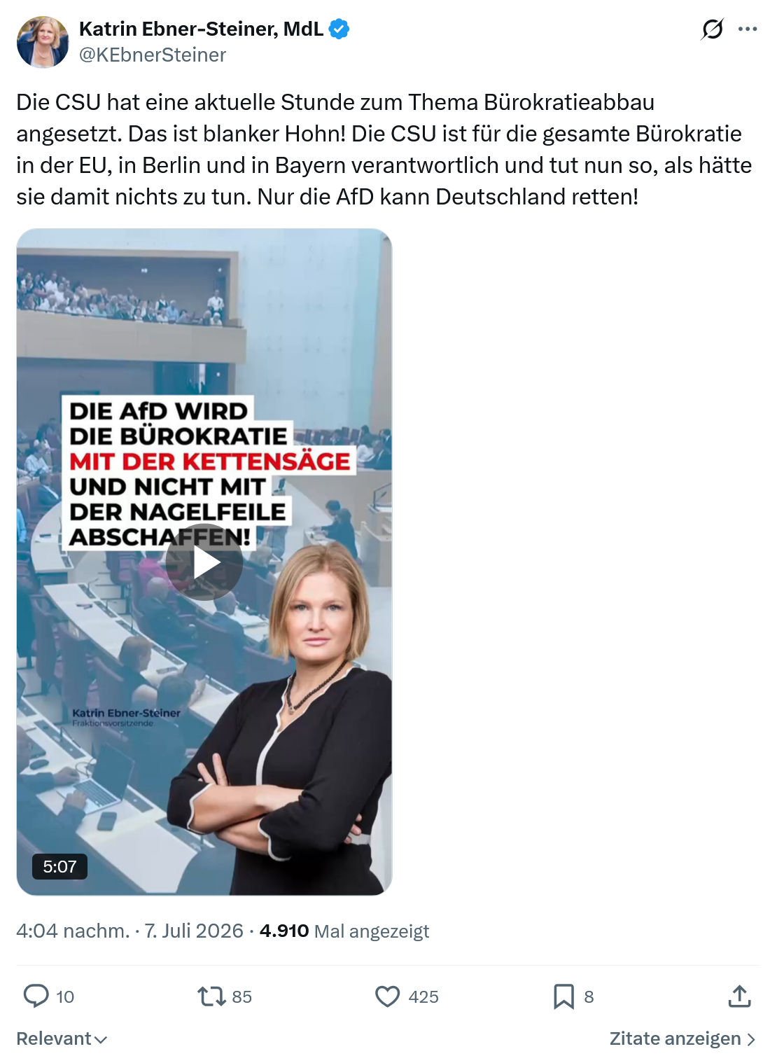 Katrin Ebner-Steiner: Die CSU hat eine aktuelle Stunde...