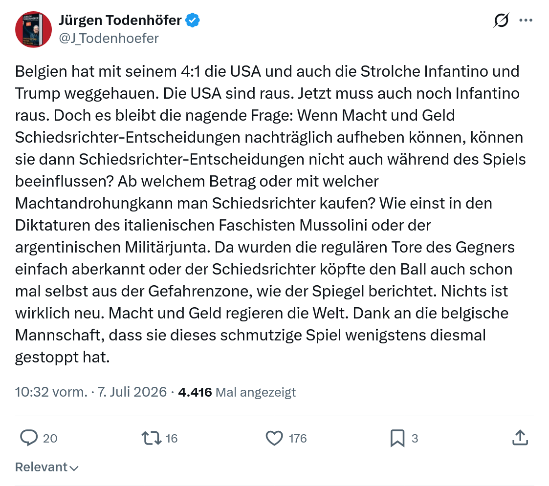 Jürgen Todenhöfer: Belgien hat mit seinem 4:1 die USA...