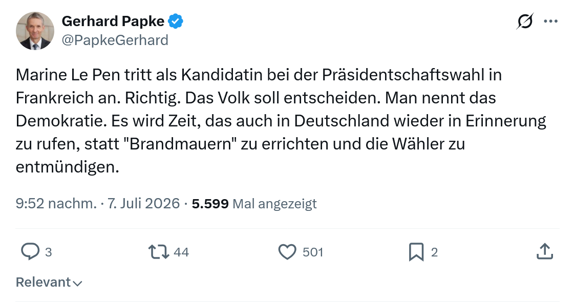 Gerhard Papke: Marine Le Pen tritt als Kandidatin...