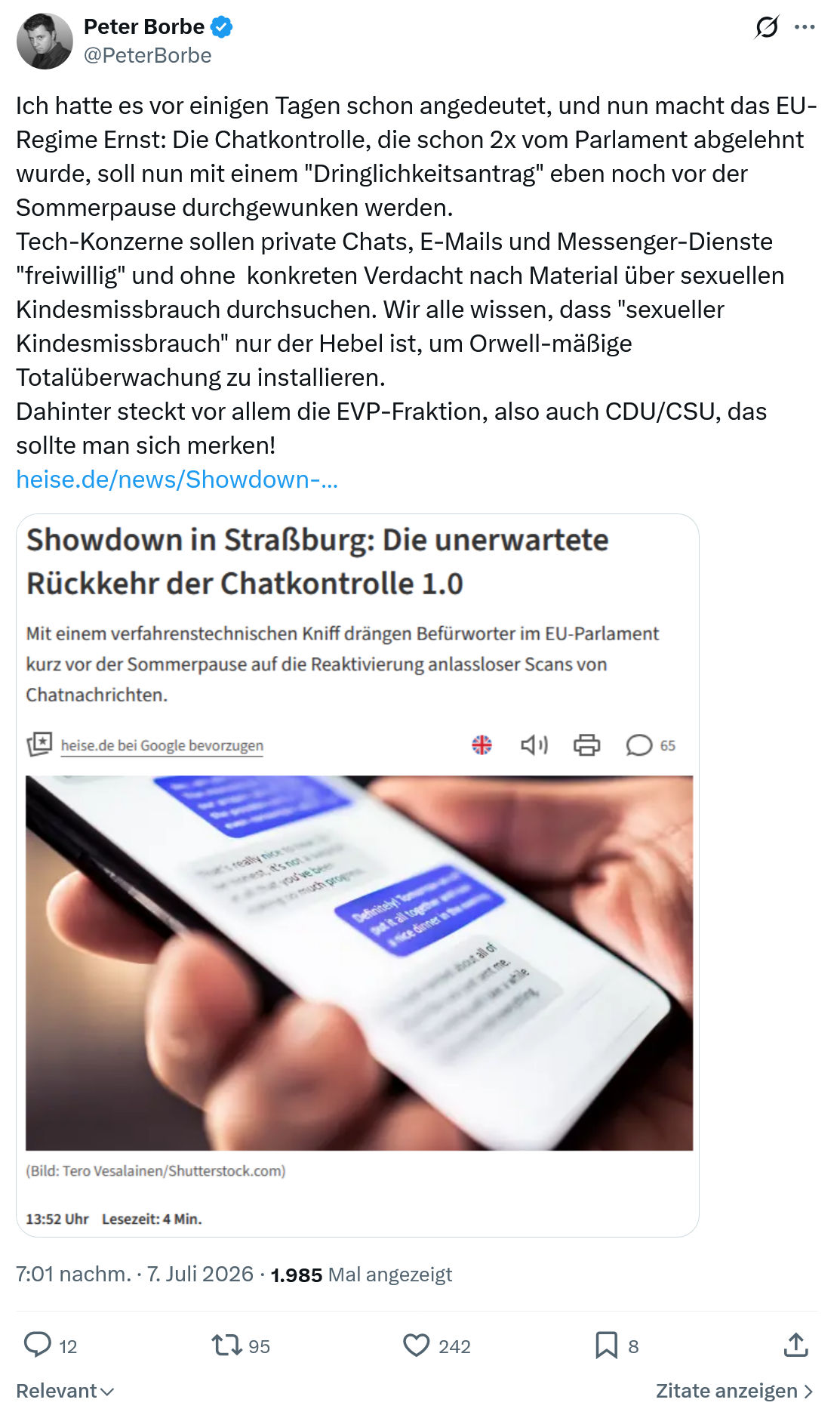 Peter Borbe: Ich hatte es vor einigen Tagen...