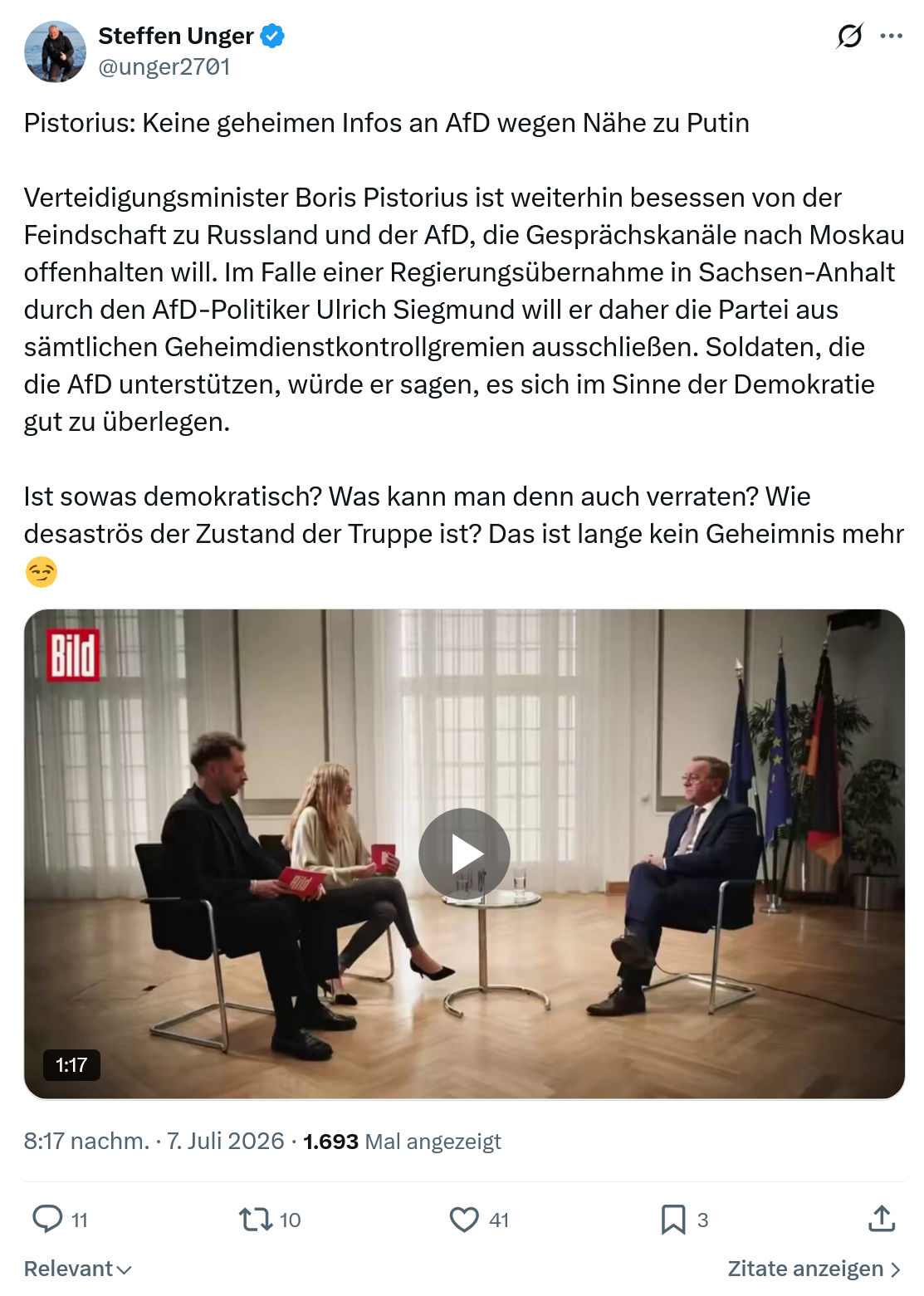 Steffen Unger: Pistorius: Keine geheimen Infos...