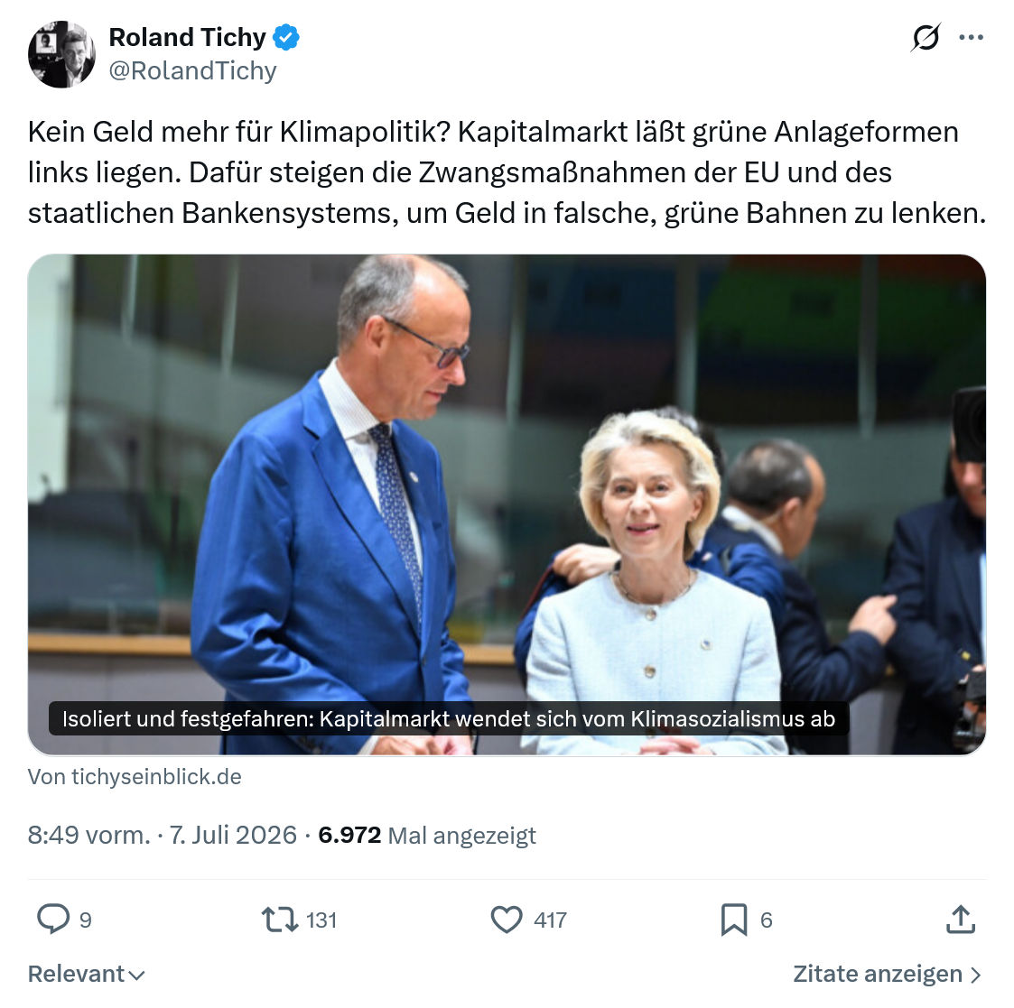 Roland Tichy: Kein Geld mehr für Klimapolitik?...