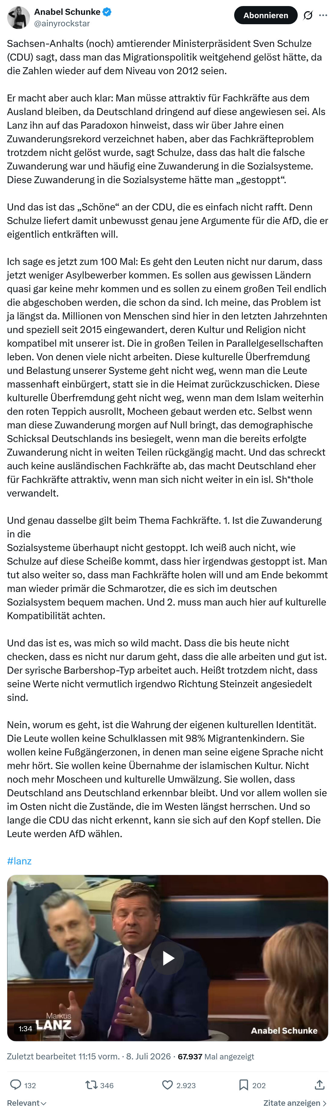 Anabel Schunke: Sachsen-Anhalts (noch) amtierender Ministerpräsident Sven Schulze (CDU) sagt...