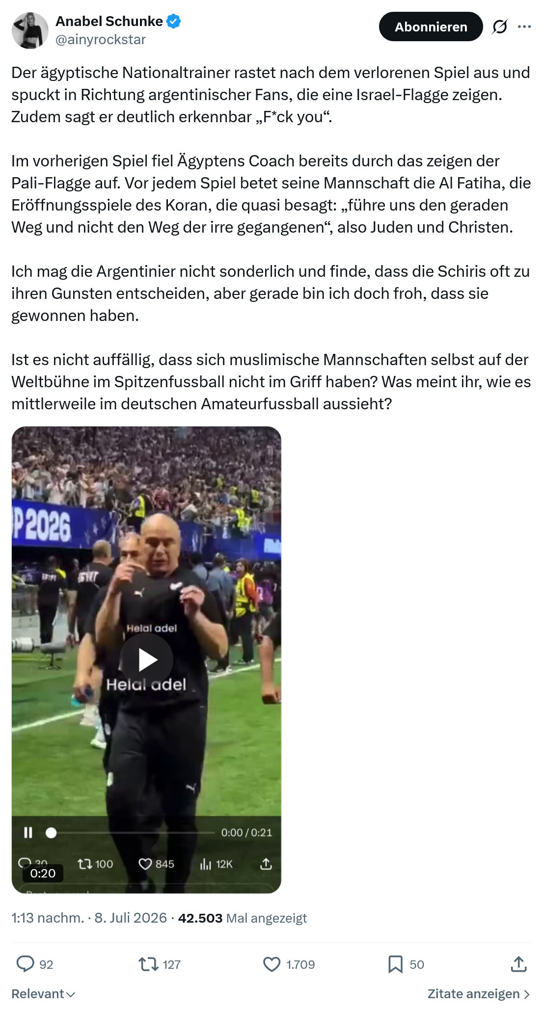 Anabel Schunke: Der ägyptische Nationaltrainer rastet nach dem verlorenen Spiel...
