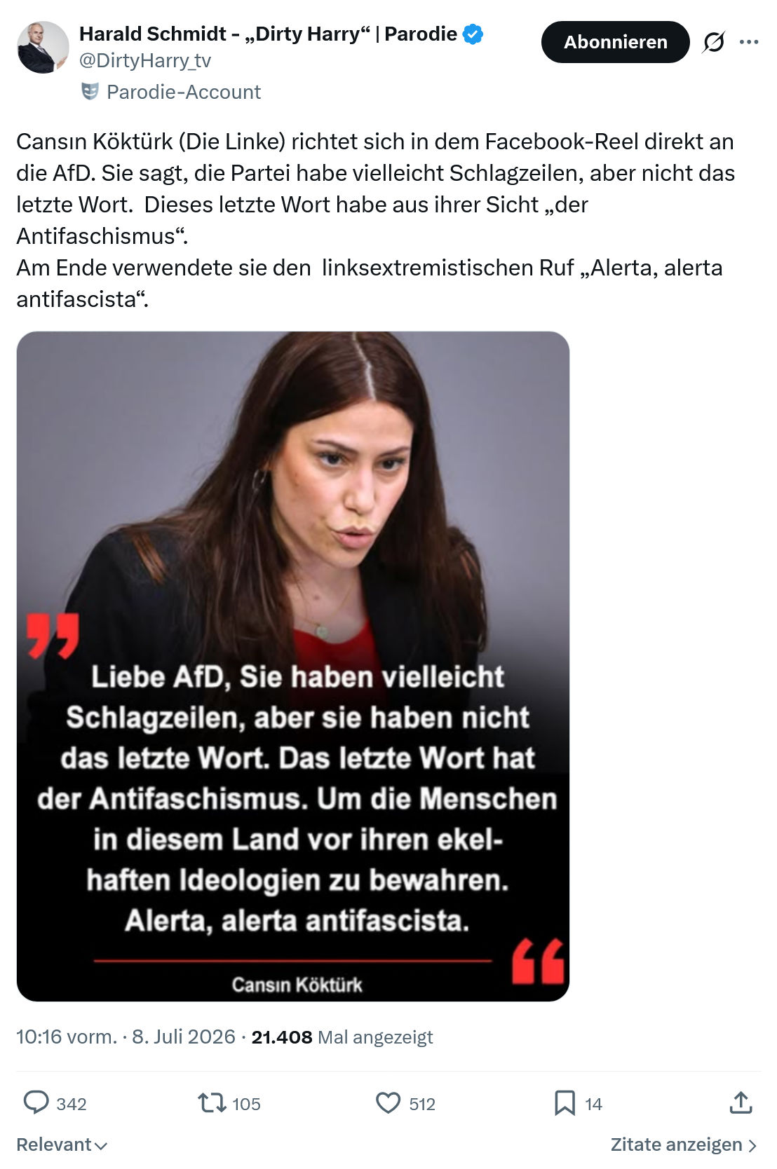 Harald Schmidt: Cansın Köktürk (Die Linke) richtet sich in dem Facebook-Reel direkt an die AfD...