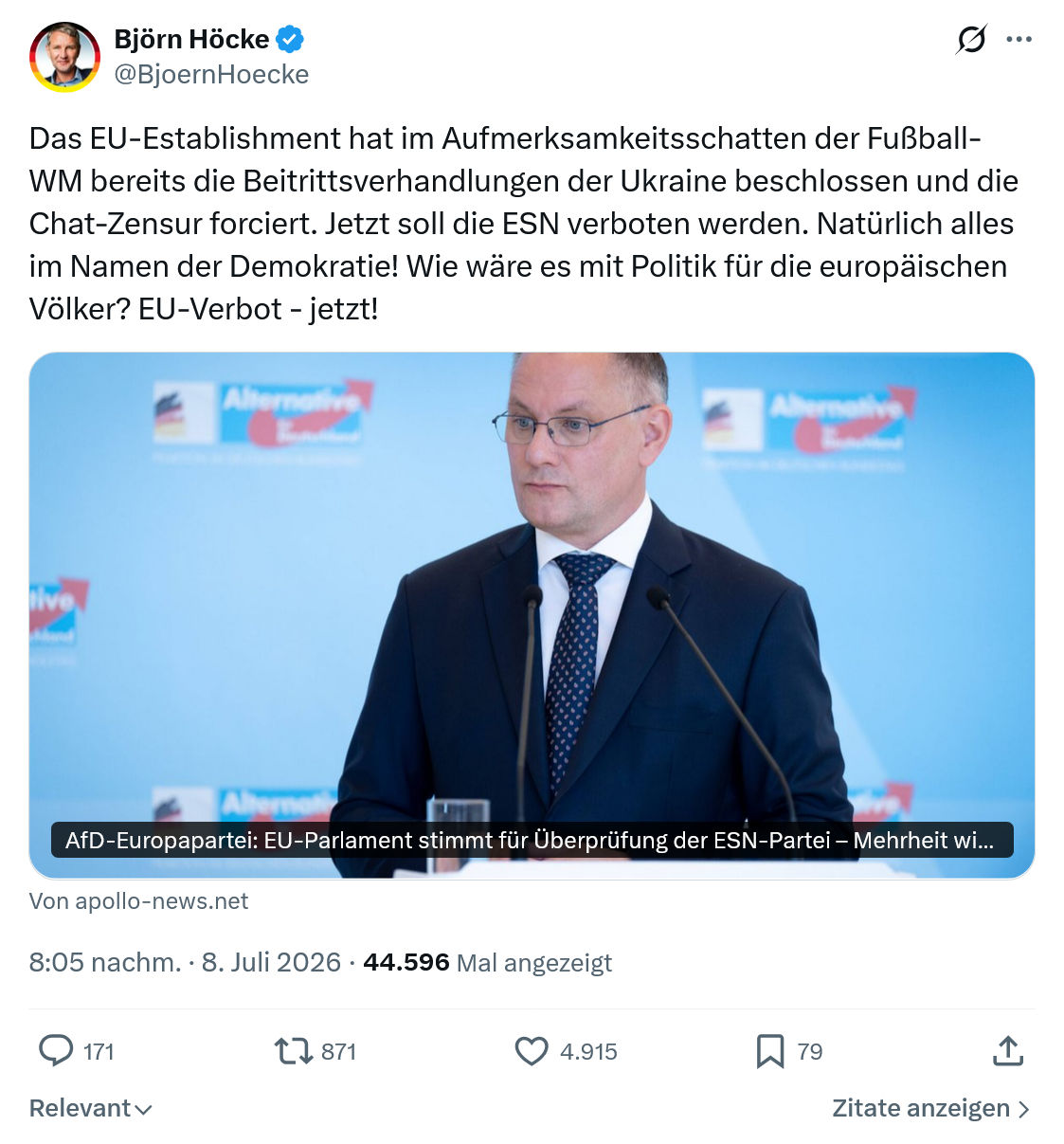 Björn Höcke: Das EU-Establishment hat im Aufmerksamkeitsschatten...