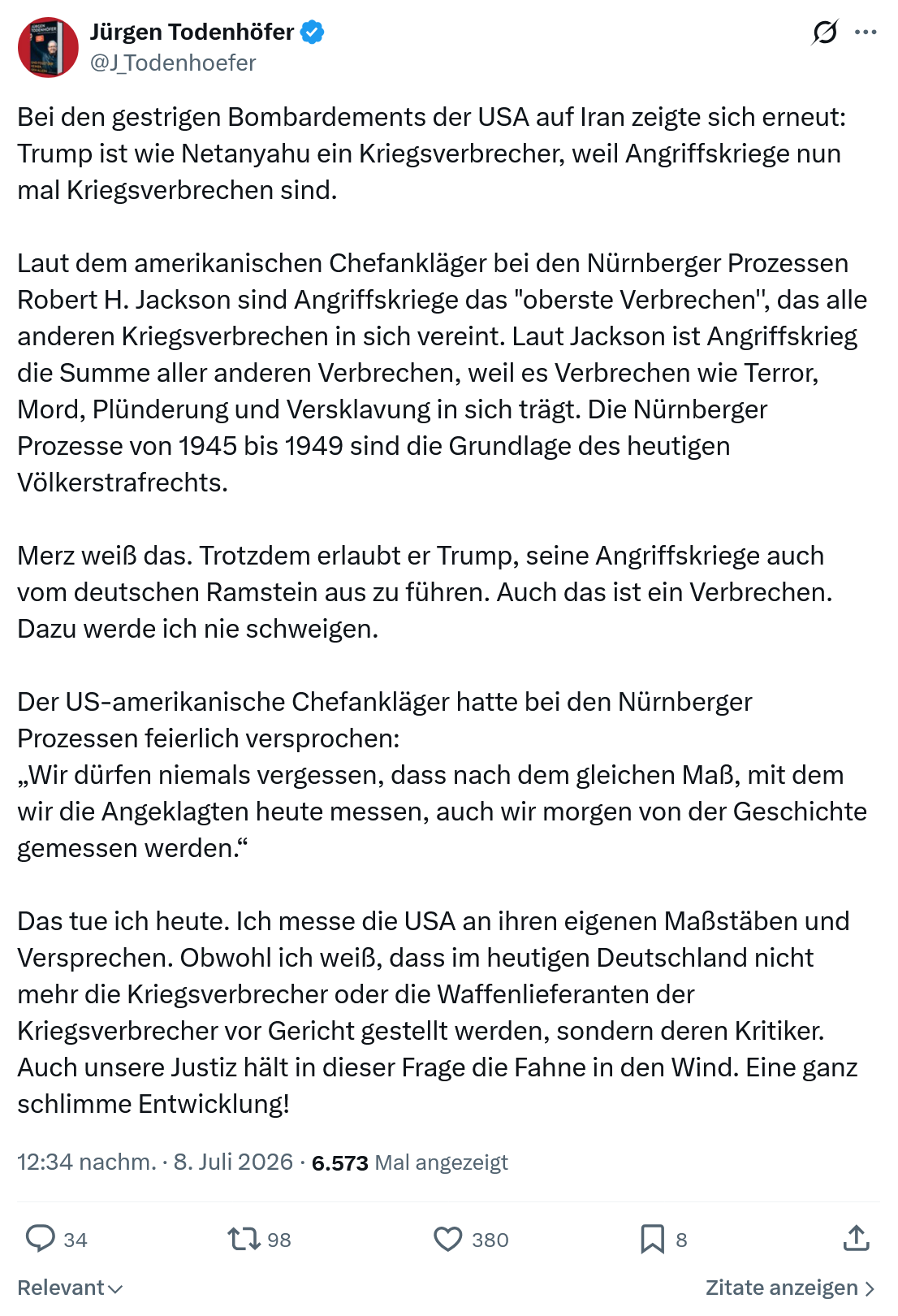 Jürgen Todenhöfer: Bei den gestrigen Bombardements der USA auf Iran zeigte sich erneut...