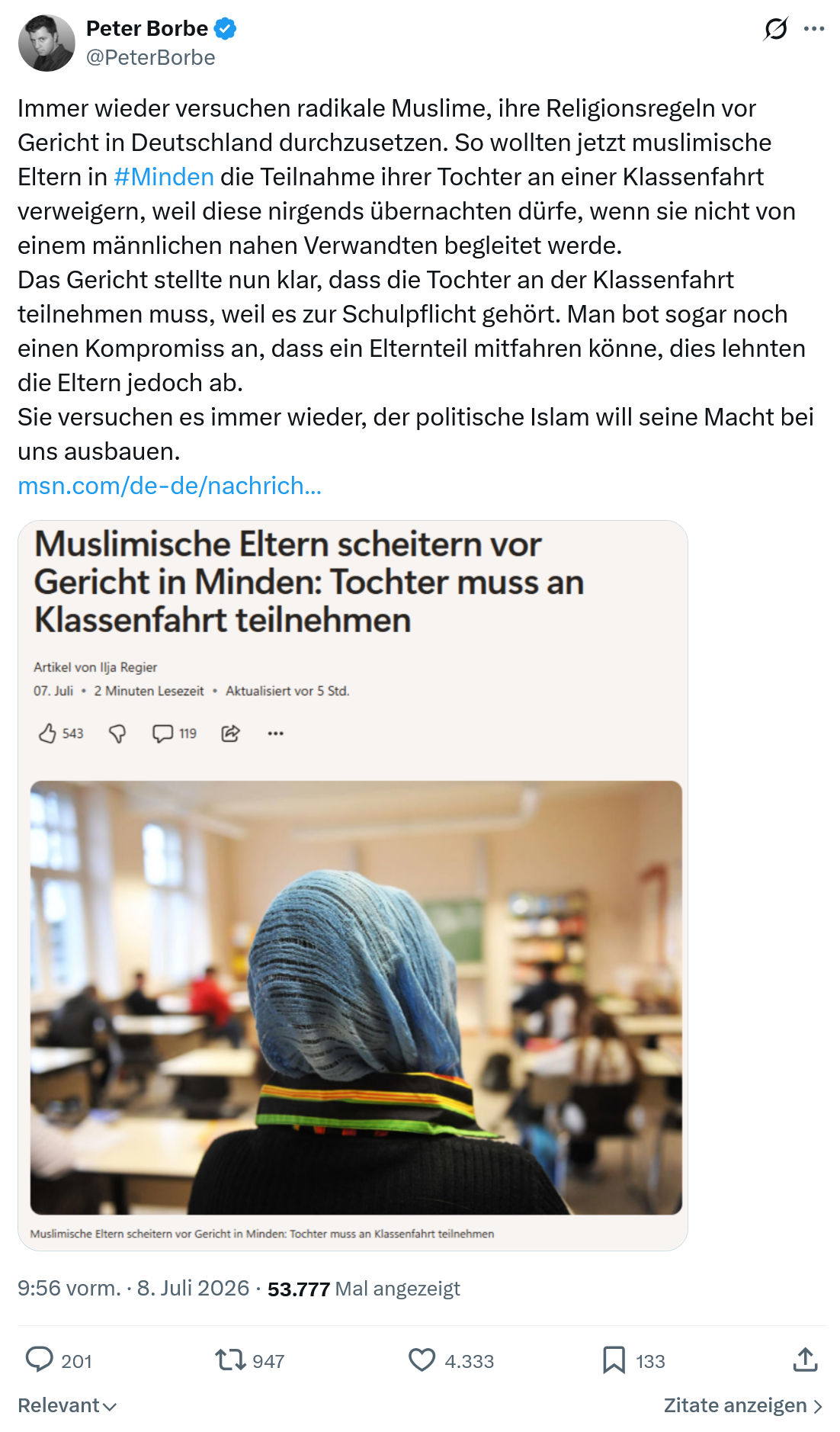 Peter Borbe: Immer wieder versuchen radikale Muslime...