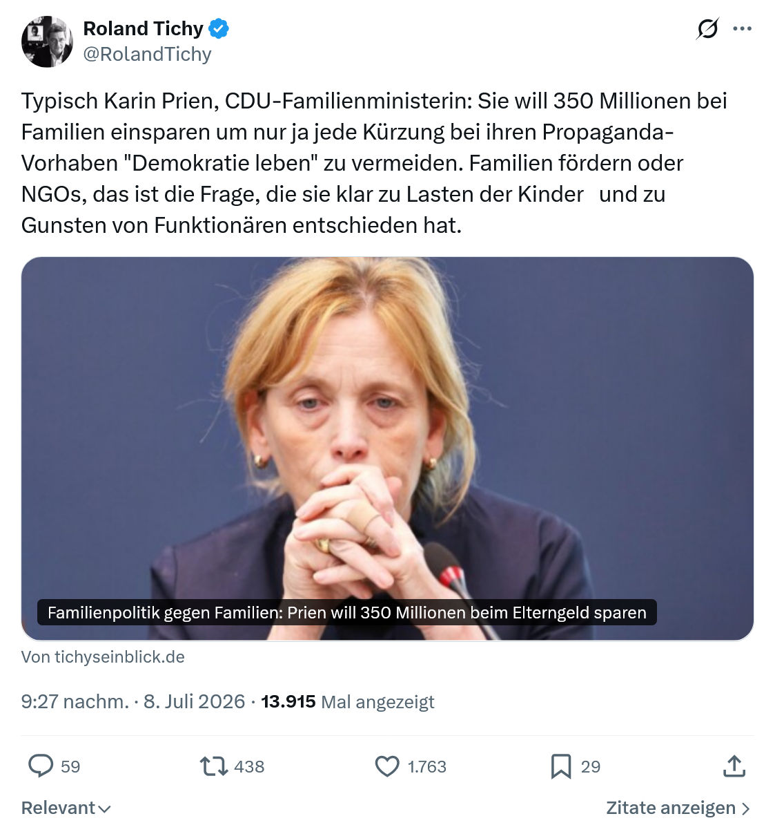 Roland Tichy: Typisch Karin Prien, CDU-Familienministerin...