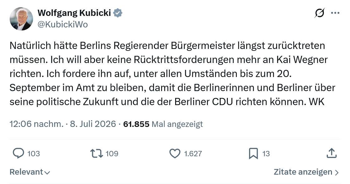 Wolfgang Kubicki: Natürlich hätte Berlins Regierender Bürgermeister längst zurücktreten müssen...