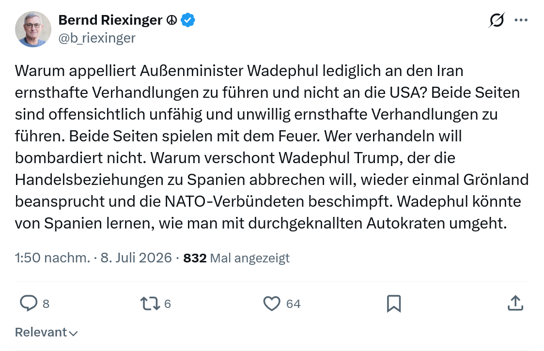 Bernd Riexinger: Warum appelliert Außenminister Wadephul lediglich...