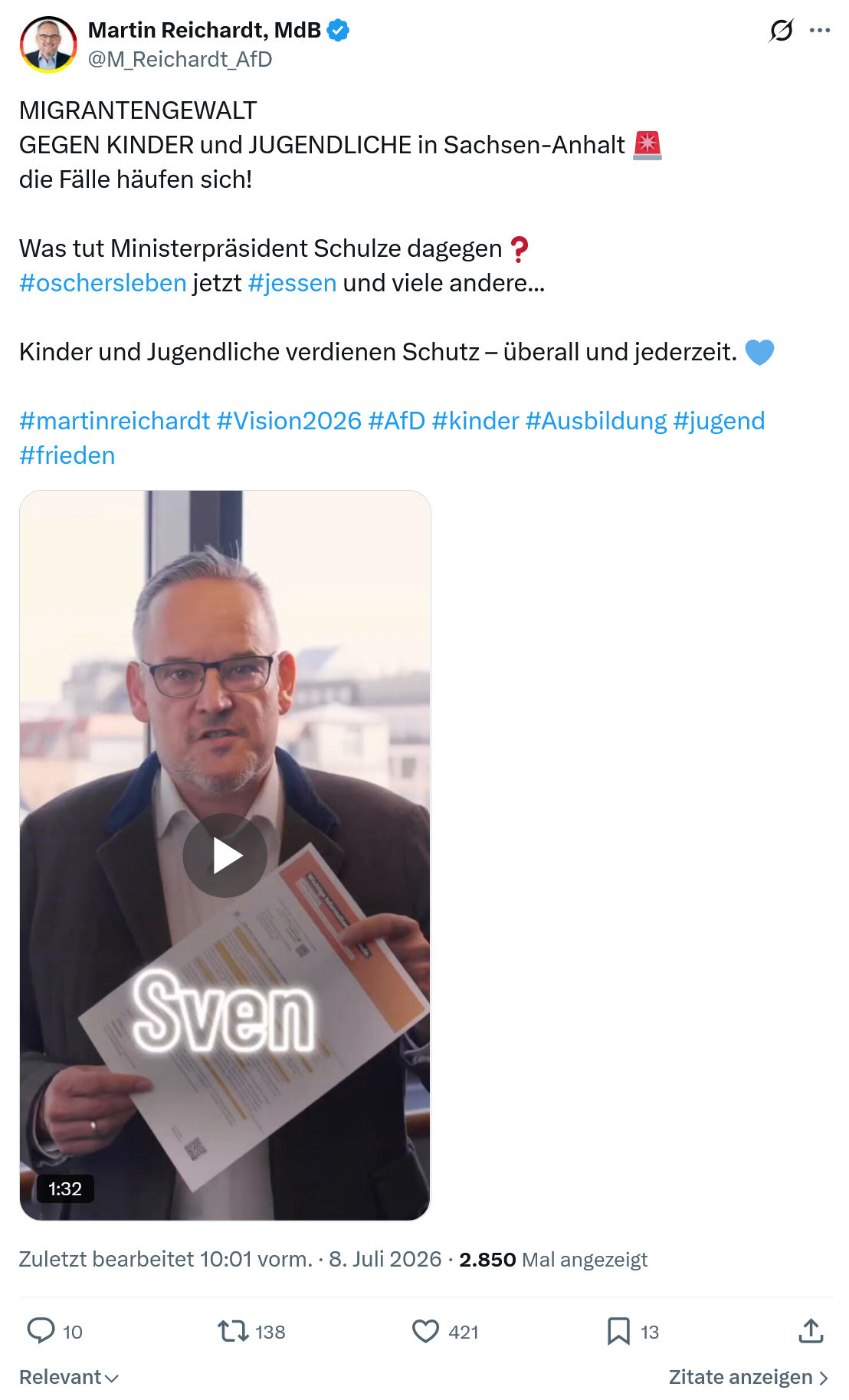 Martin Reichardt: MIGRANTENGEWALT GEGEN KINDER und JUGENDLICHE in Sachsen-Anhalt...