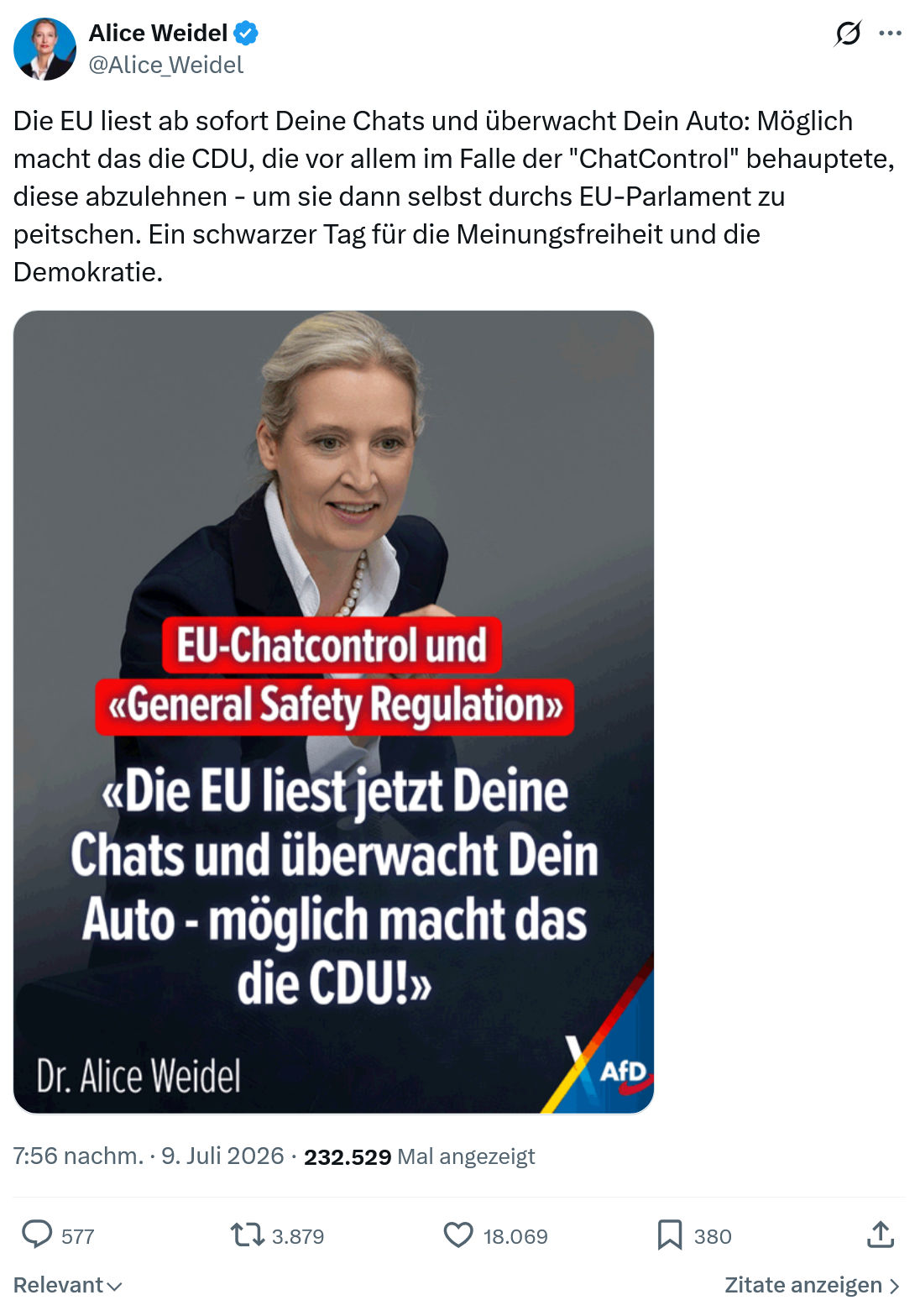 Alice Weidel: Die EU liest ab sofort Deine Chats und überwacht Dein Auto...