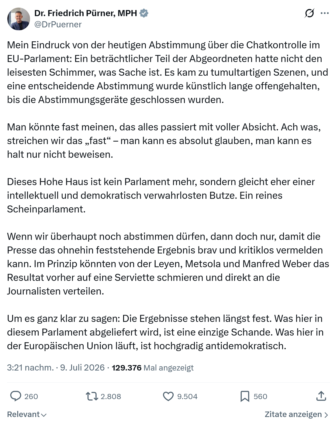 Friedrich Pürner: Mein Eindruck von der heutigen Abstimmung über die Chatkontrolle im EU-Parlament...
