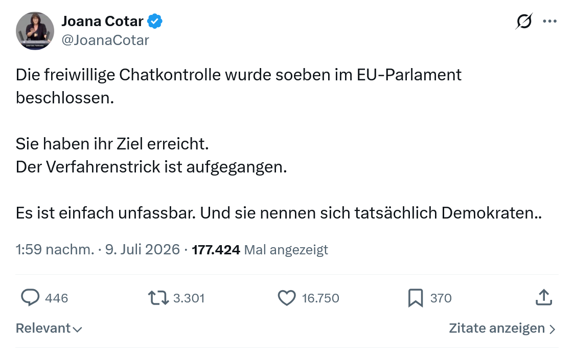 Joana Cotar: Die freiwillige Chatkontrolle wurde soeben im EU-Parlament beschlossen...