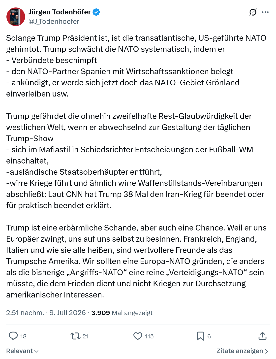 Jürgen Todenhöfer: Solange Trump Präsident ist, ist die transatlantische, US-geführte NATO gehirntot...