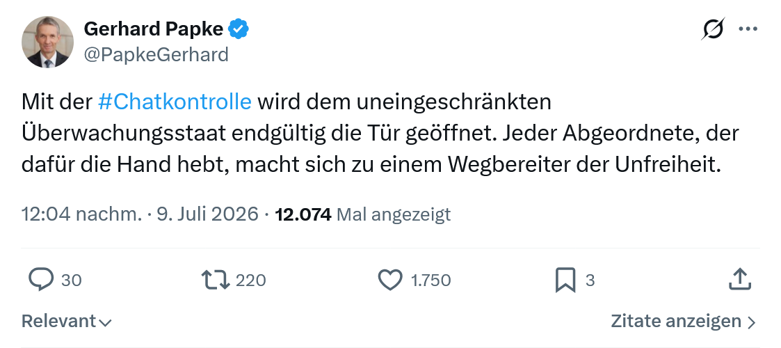 Gerhard Papke: Mit der #Chatkontrolle wird dem uneingeschränkten...