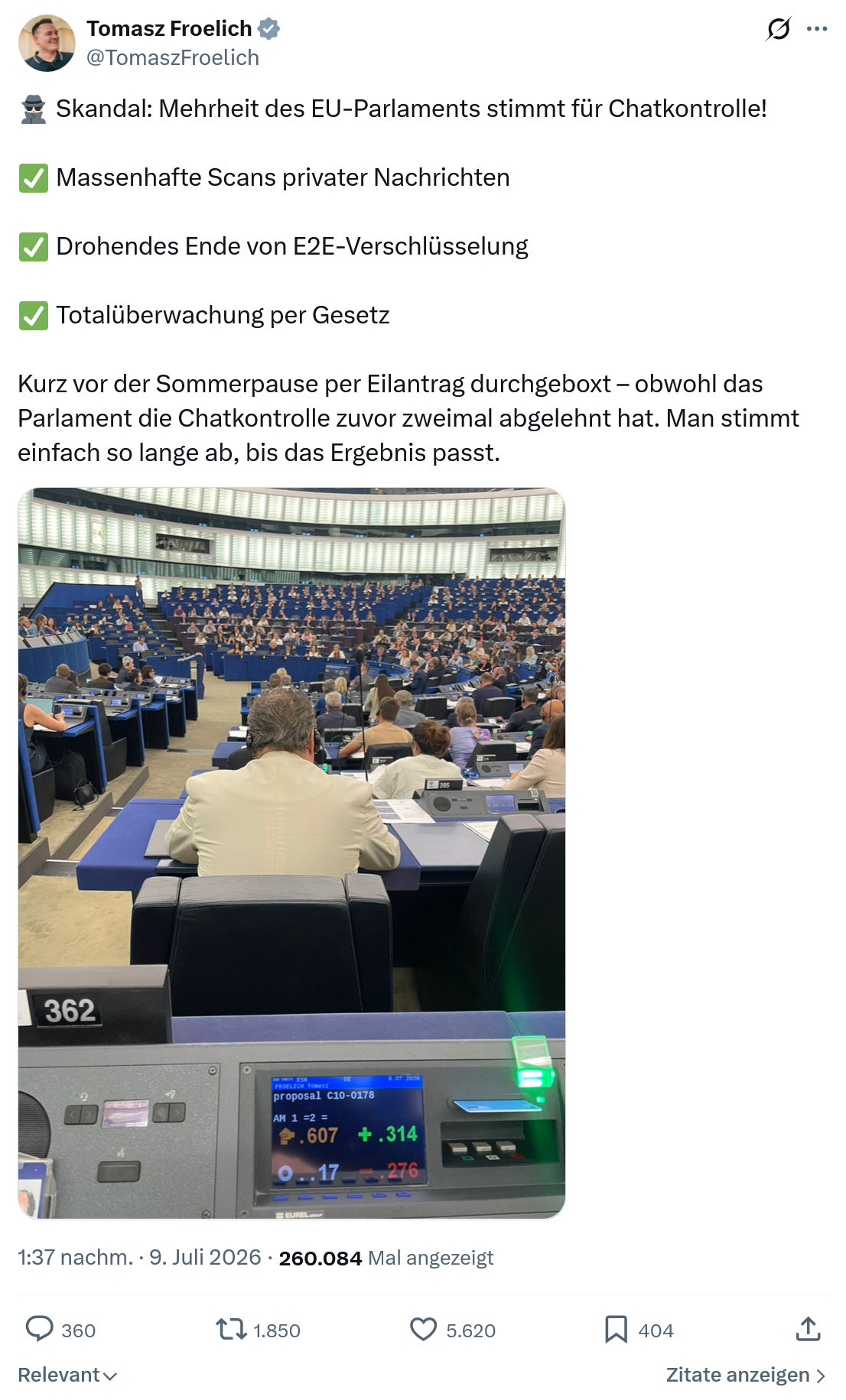 Tomasz Froelich: Skandal: Mehrheit des EU-Parlaments stimmt für Chatkontrolle...
