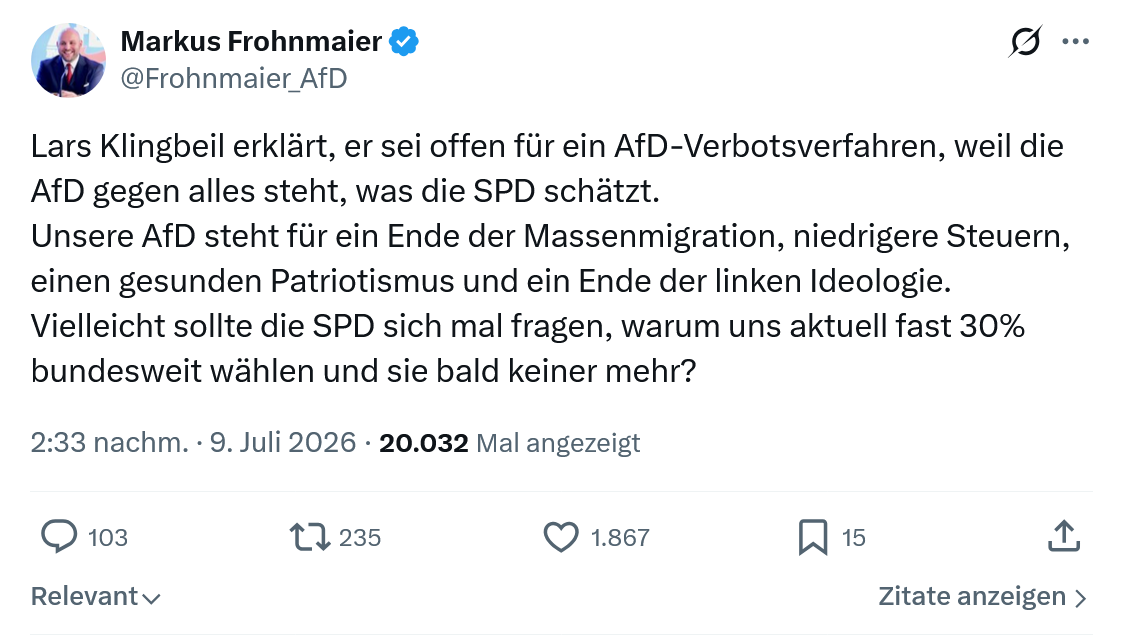 Markus Frohnmaier: Lars Klingbeil erklärt, er sei offen für ein AfD-Verbotsverfahren...