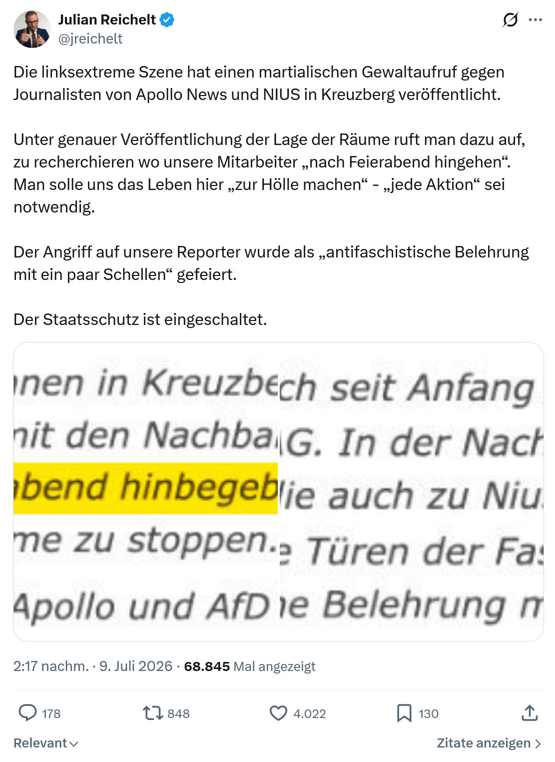 Julian Reichelt: Die linksextreme Szene hat einen martialischen Gewaltaufruf...