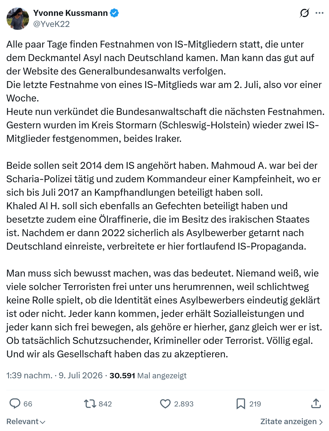 Yvonne Kussmann: Alle paar Tage finden Festnahmen von IS-Mitgliedern statt...