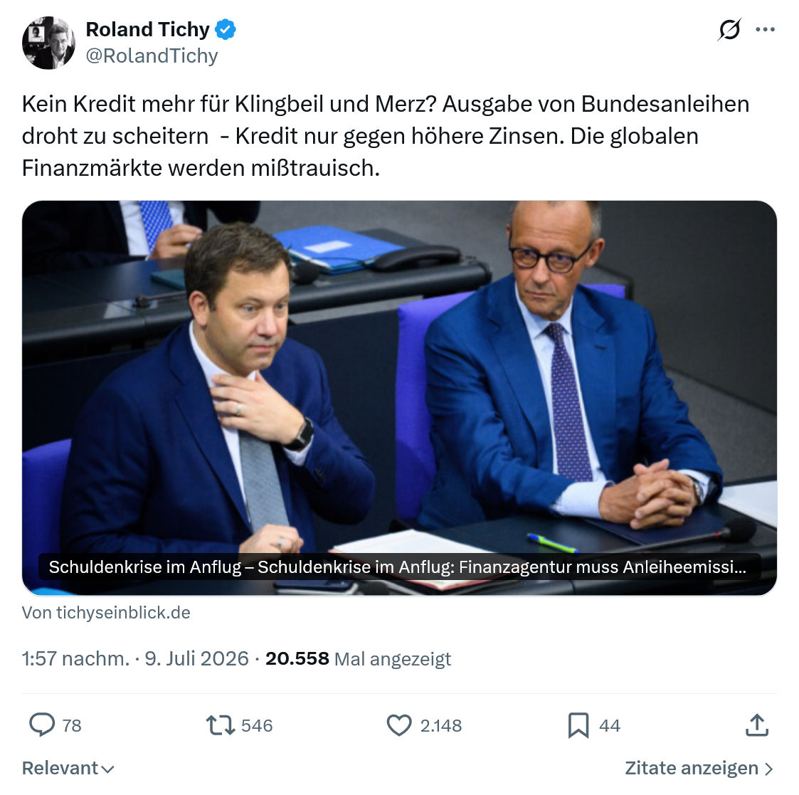 Roland Tichy: Kein Kredit mehr für Klingbeil und Merz...