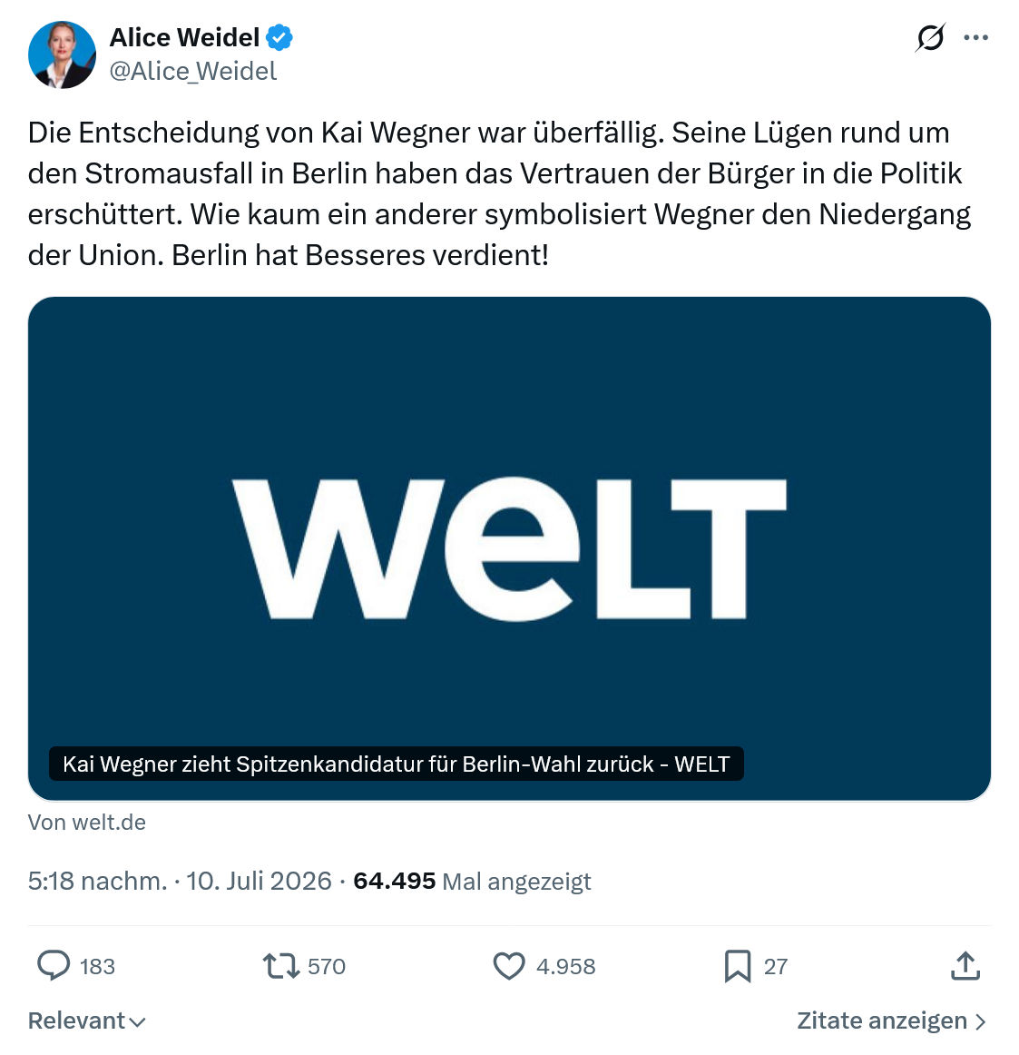Alice Weidel: Die Entscheidung von Kai Wegner...