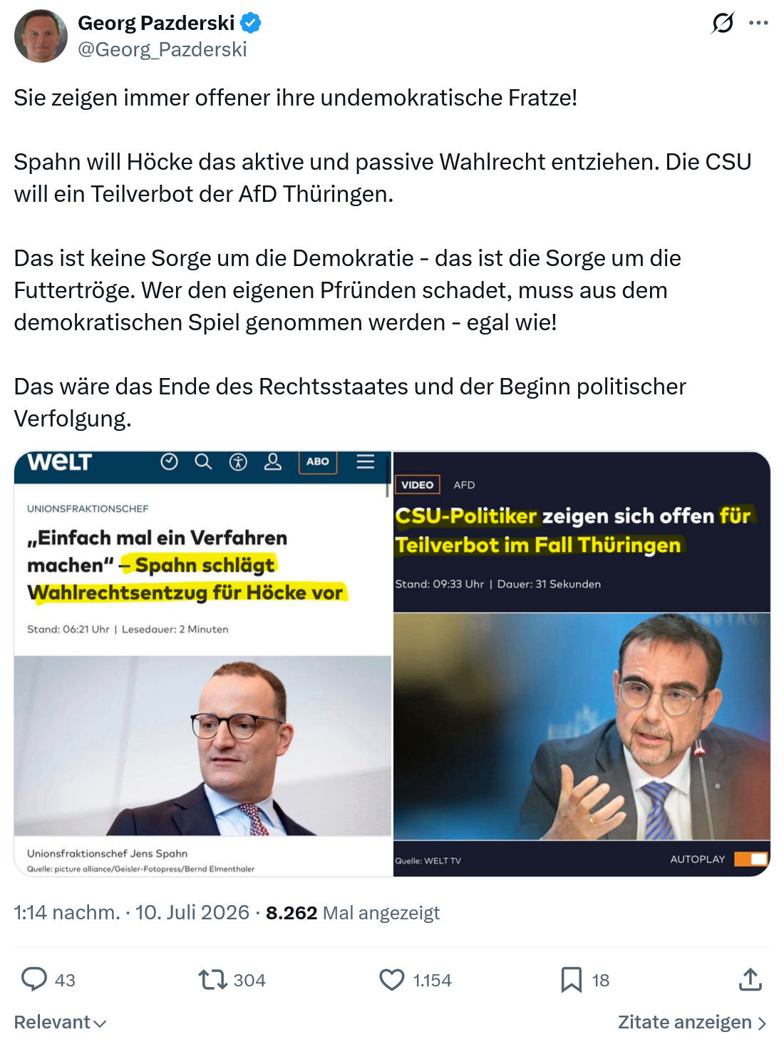 Georg Pazderski: Sie zeigen immer offener ihre undemokratische Fratze!...