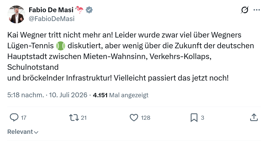 Fabio De Masi: Kai Wegner tritt nicht mehr an!...