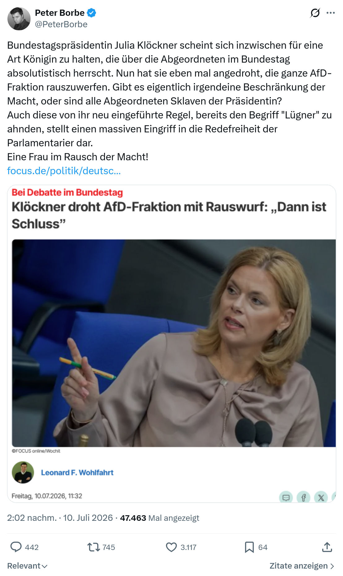 Peter Borbe: Bundestagspräsidentin Julia Klöckner...