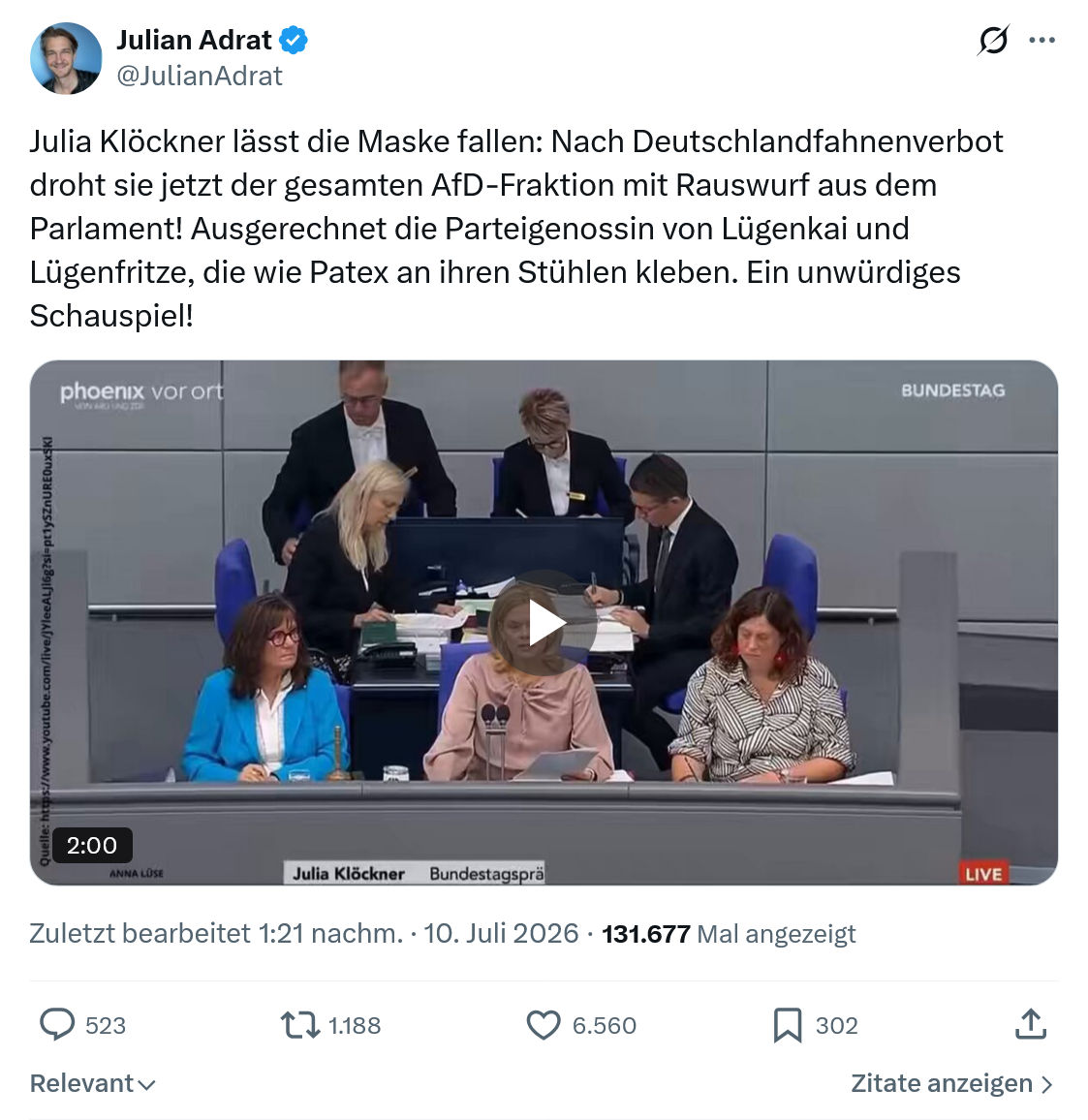 Julian Adrat: Julia Klöckner lässt die Maske fallen...