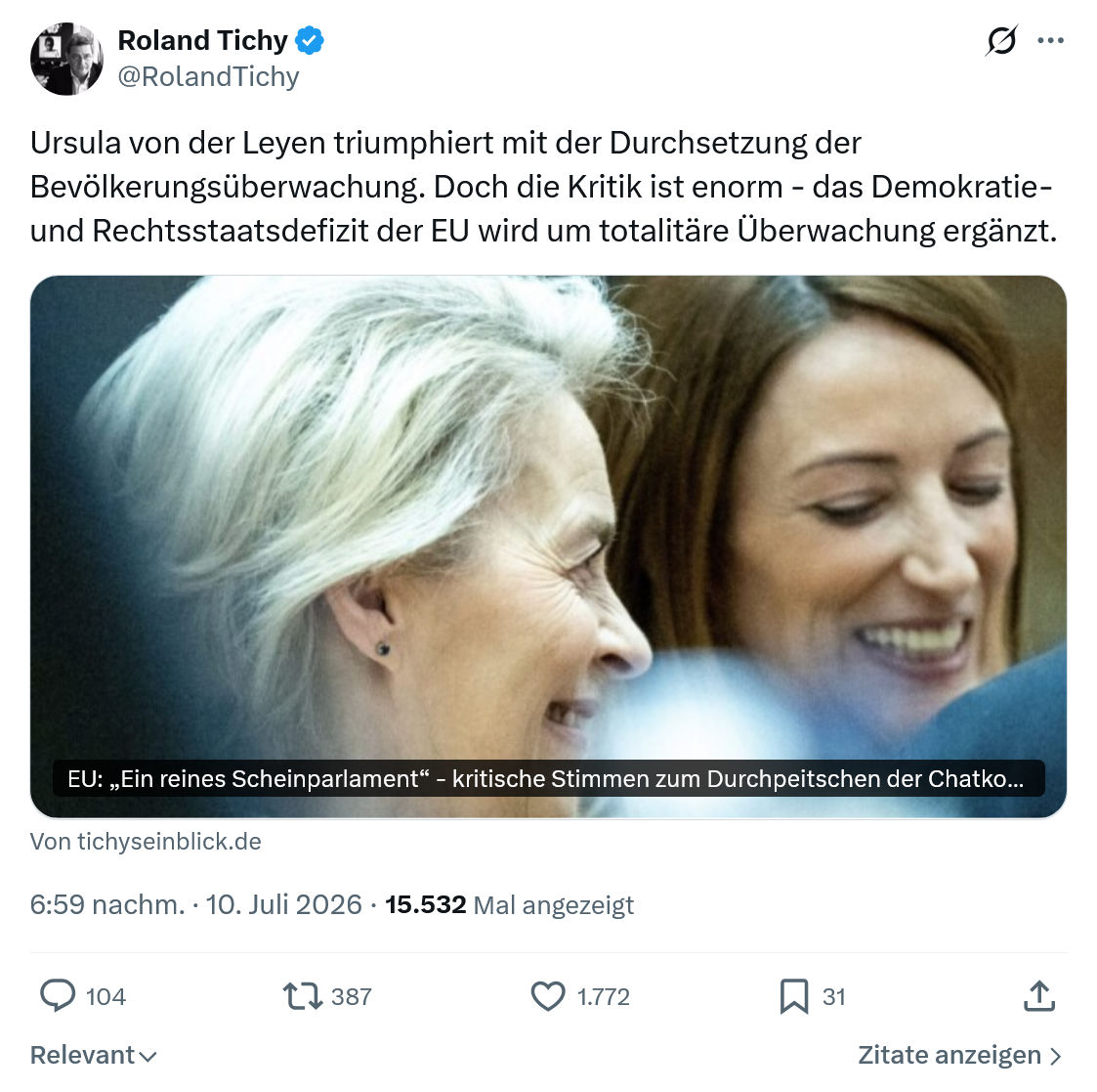 Roland Tichy: Ursula von der Leyen triumphiert...
