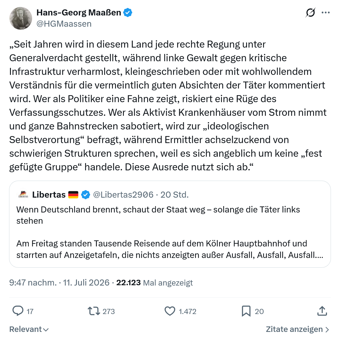Hans-Georg Maaßen: Seit Jahren wird in diesem Land jede rechte Regung unter Generalverdacht...