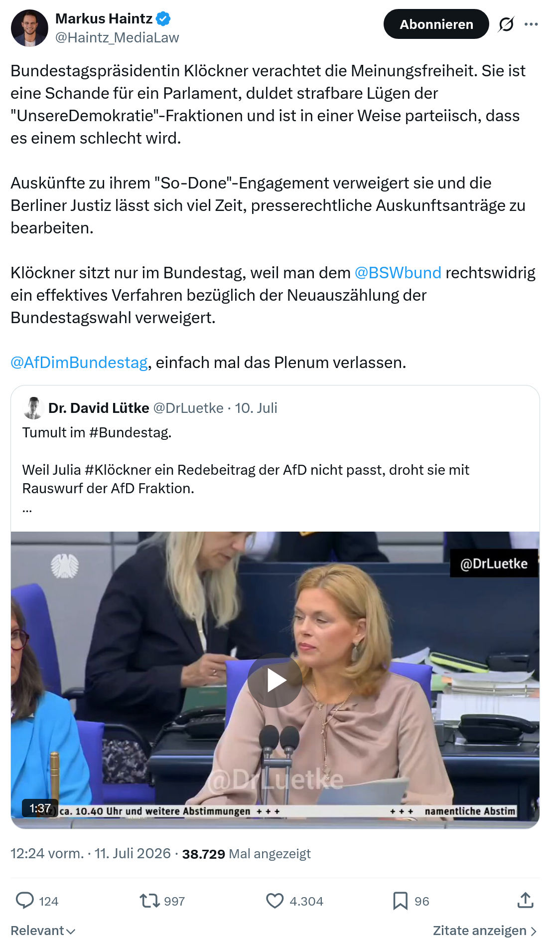 Markus Haintz: Bundestagspräsidentin Klöckner verachtet die Meinungsfreiheit...