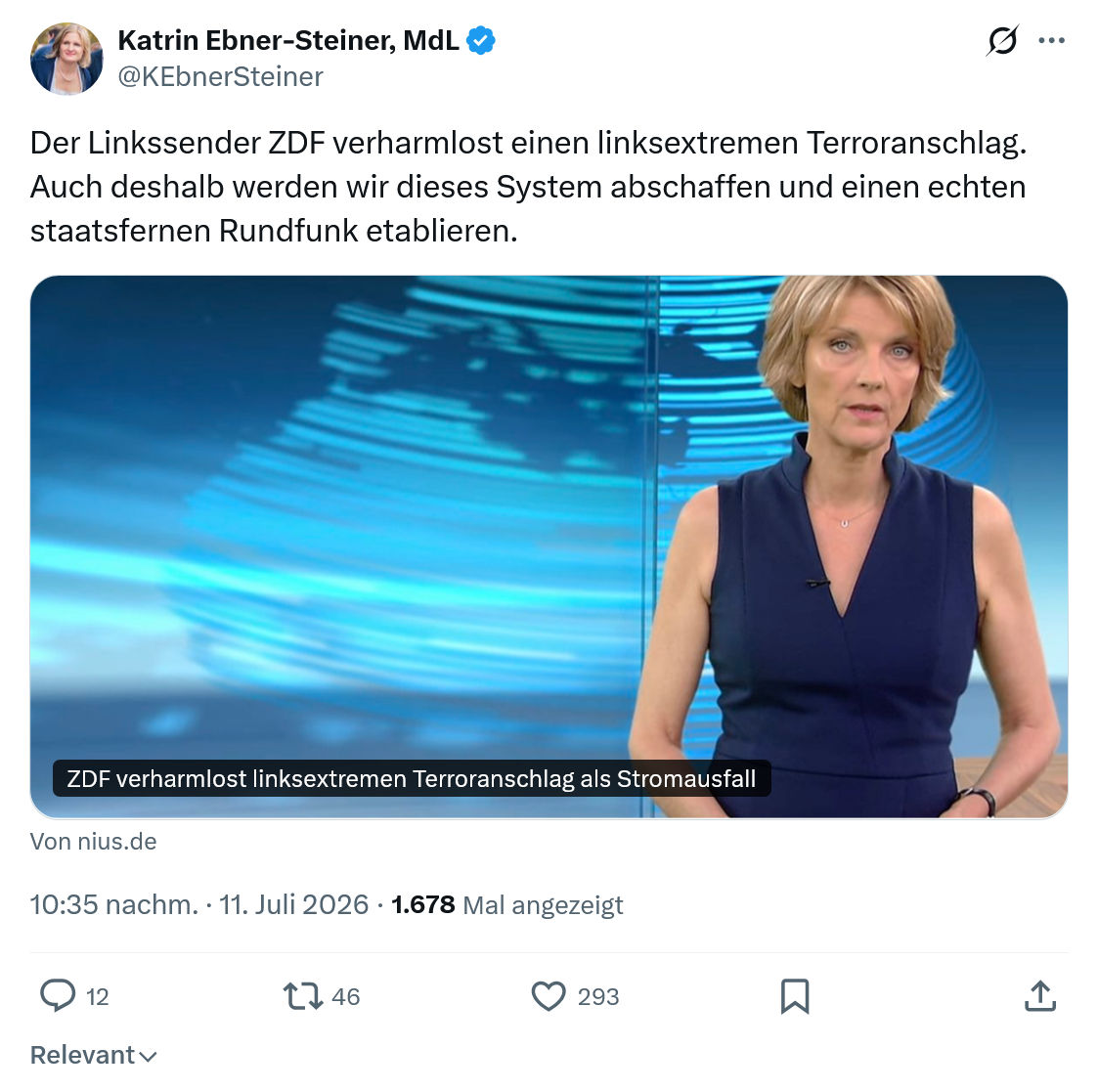 Katrin Ebner-Steiner: Der Linkssender ZDF verharmlost einen linksextremen Terroranschlag...