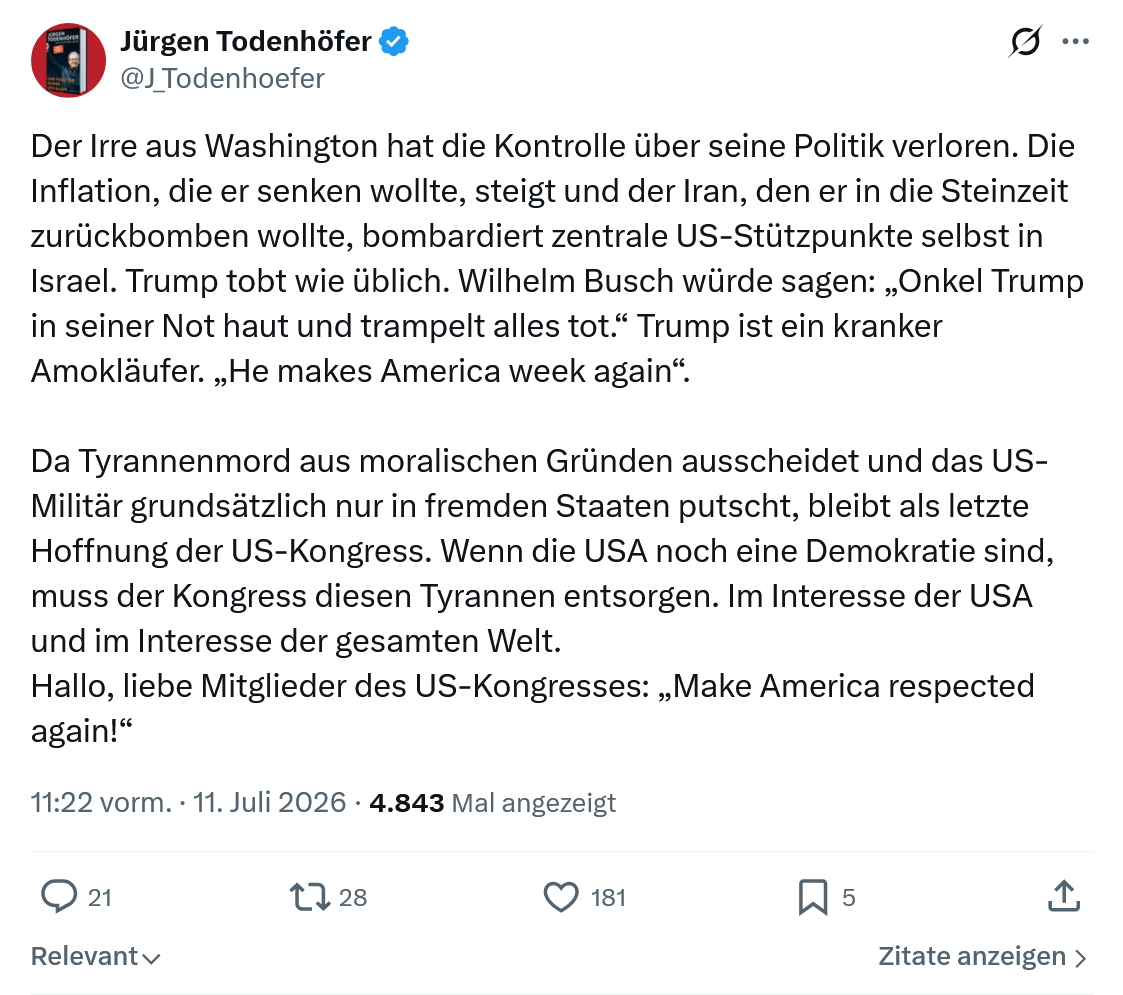 Jürgen Todenhöfer: Der Irre aus Washington hat die Kontrolle über seine Politik verloren...