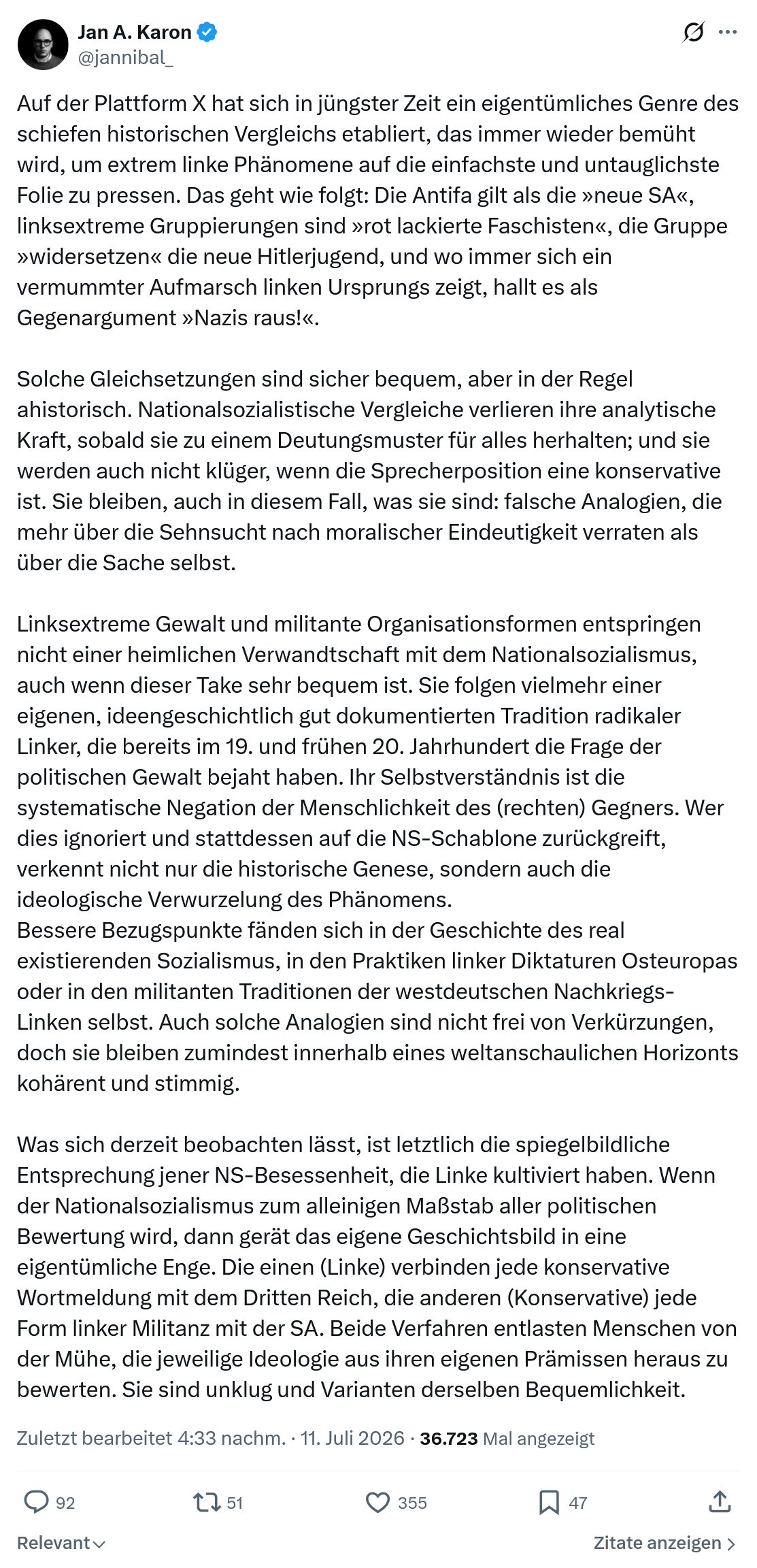 Jan A. Karon: Auf der Plattform X hat sich in jüngster Zeit ein eigentümliches Genre des schiefen historischen Vergleichs etabliert...