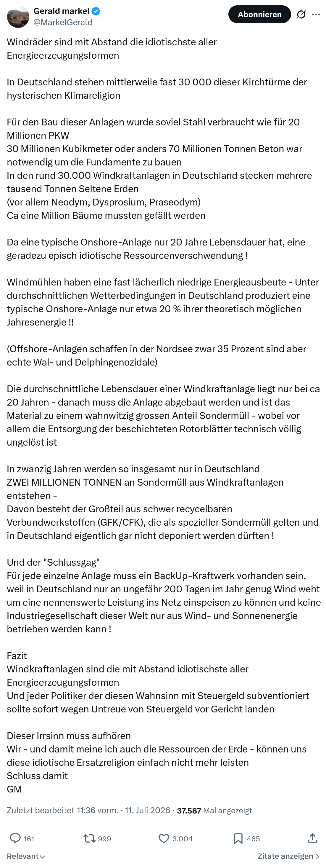 Gerald Markel: Windräder sind mit Abstand die idiotischste aller Energieerzeugungsformen...