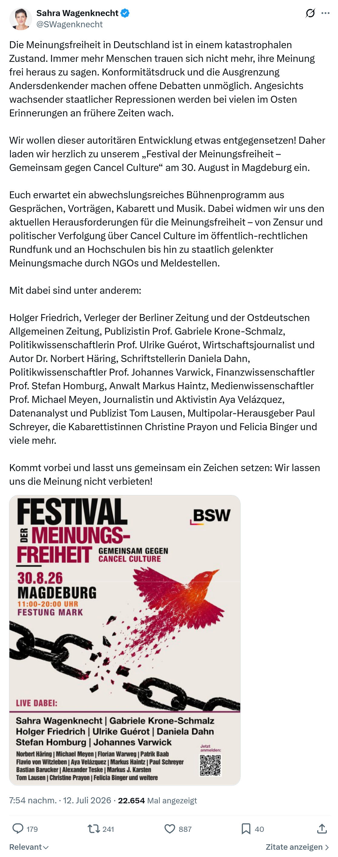 Sahra Wagenknecht: Die Meinungsfreiheit in Deutschland ist in einem katastrophalen Zustand...