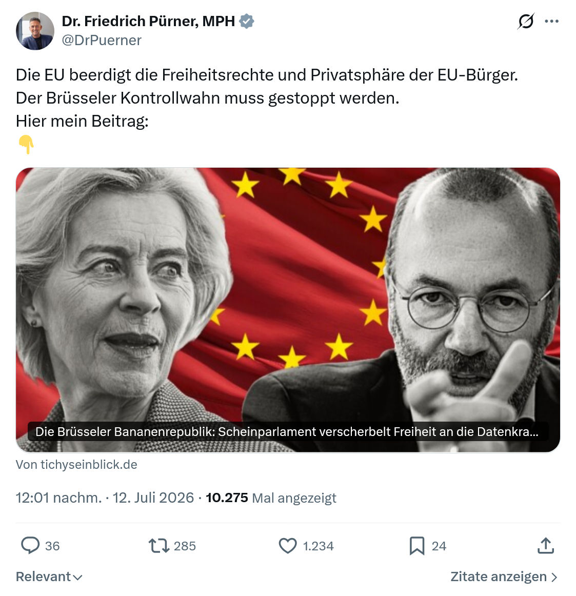 Friedrich Pürner: Die EU beerdigt die Freiheitsrechte und Privatsphäre der EU-Bürger...